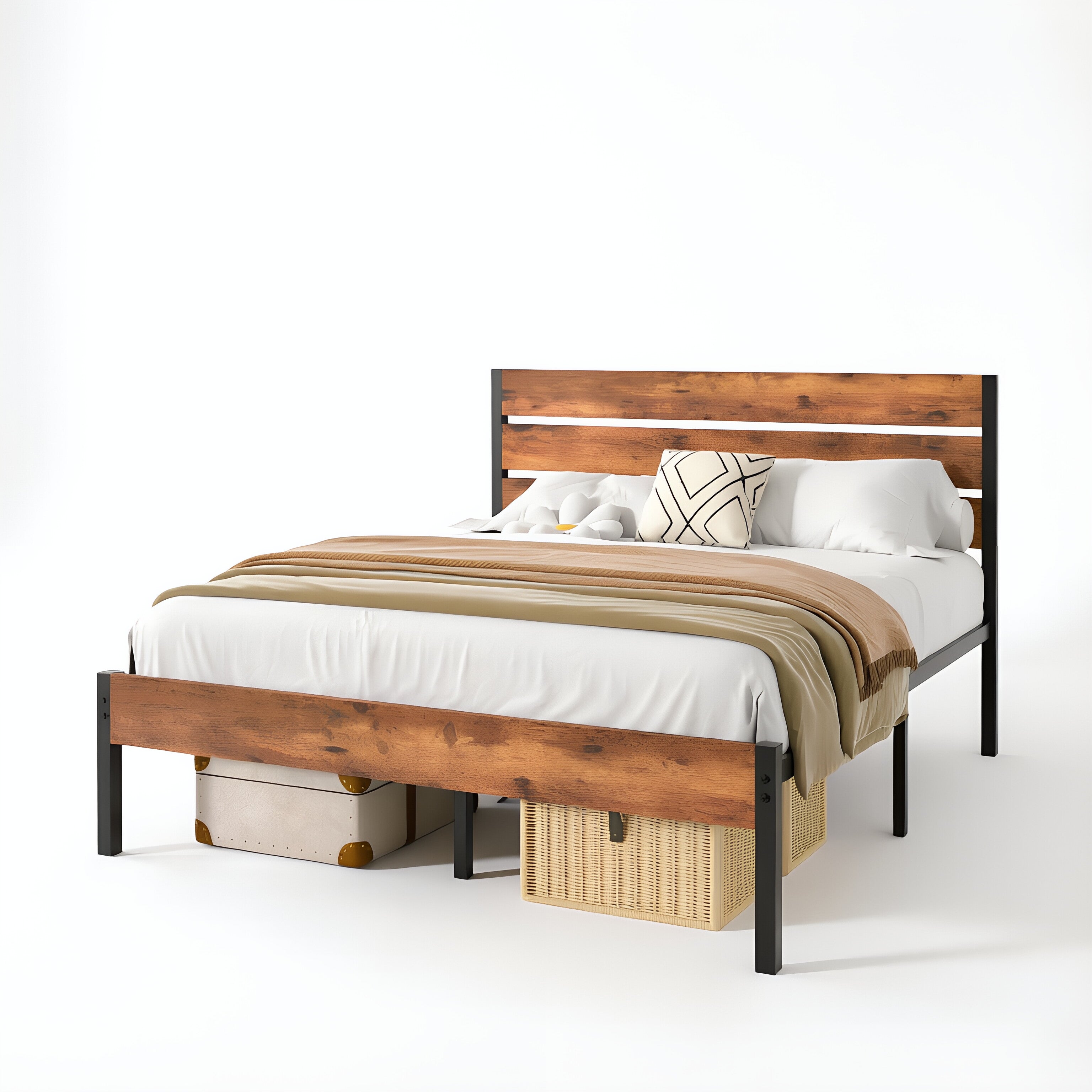 VECELO Platform Bed Frame with Rustic Vintage Wood Headboard/Strong Metal Slats Support