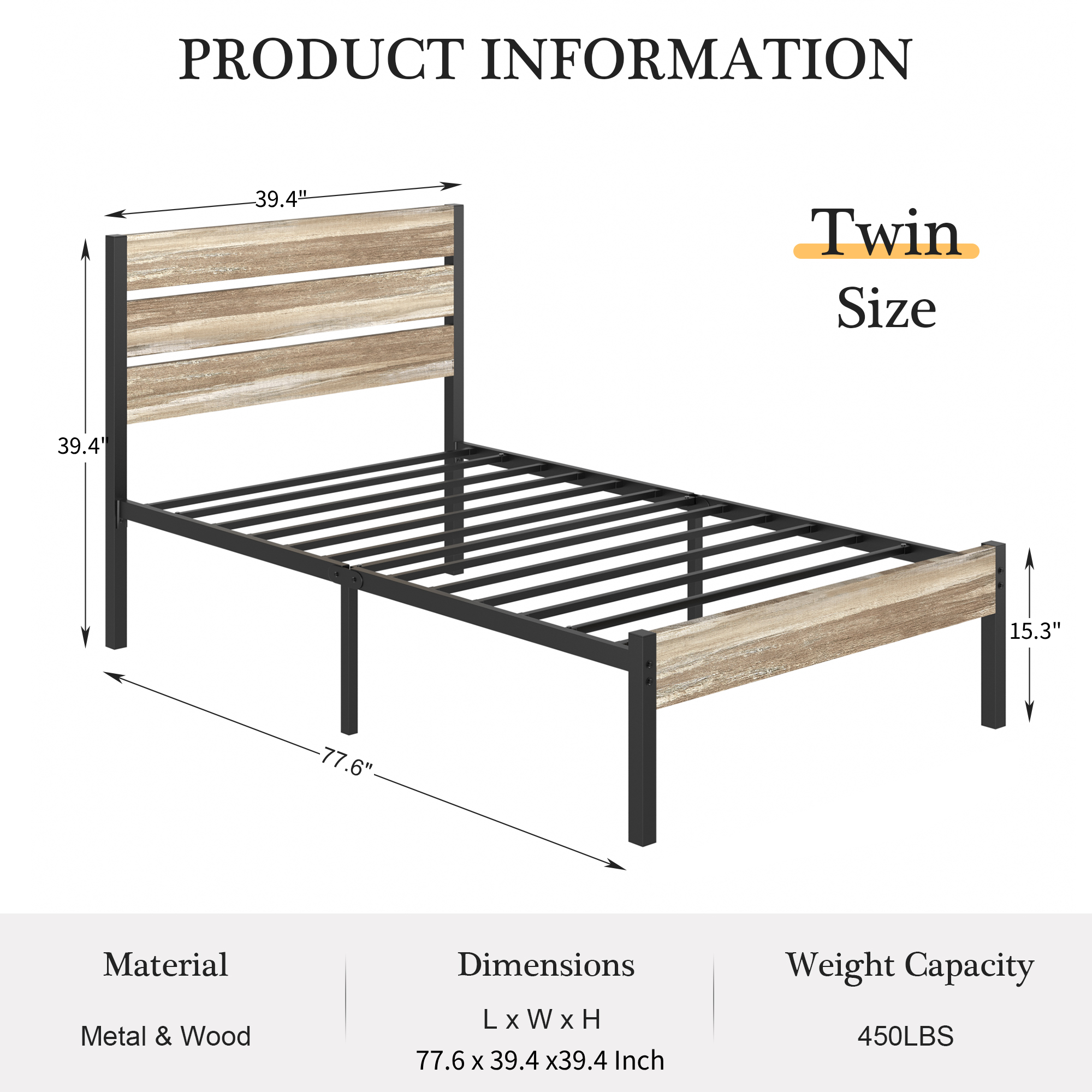 VECELO Platform Bed Frame with Rustic Vintage Wood Headboard/Strong Metal Slats Support