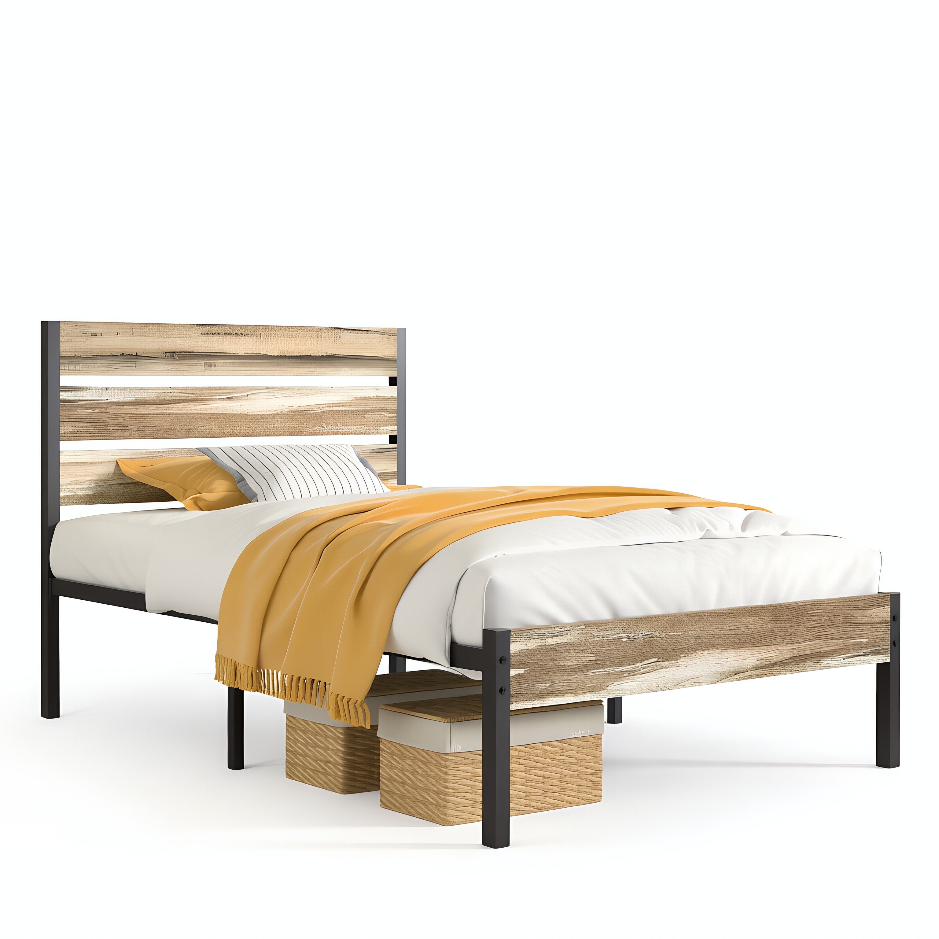 VECELO Platform Bed Frame with Rustic Vintage Wood Headboard/Strong Metal Slats Support