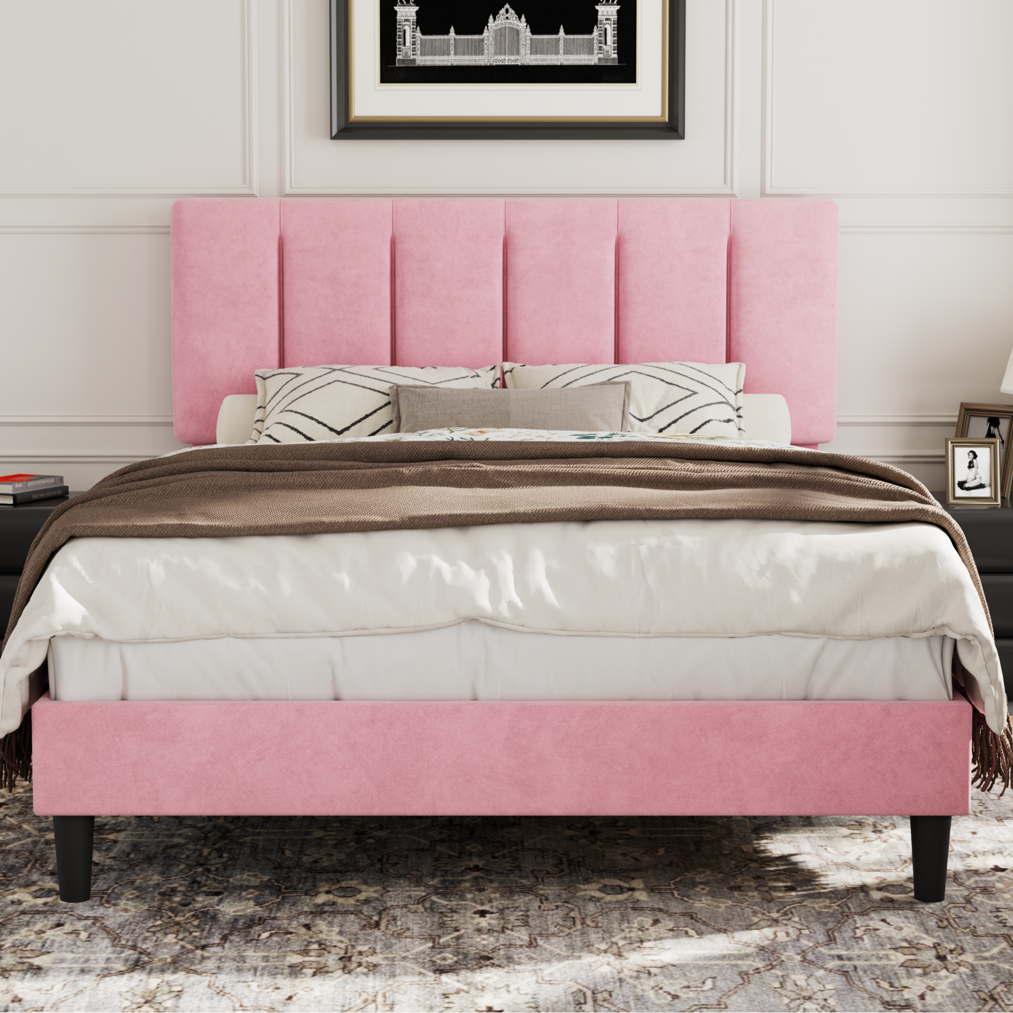 VECELO Modern Upholstered Platform Bedframe, Adjustable Headboard - VECELO