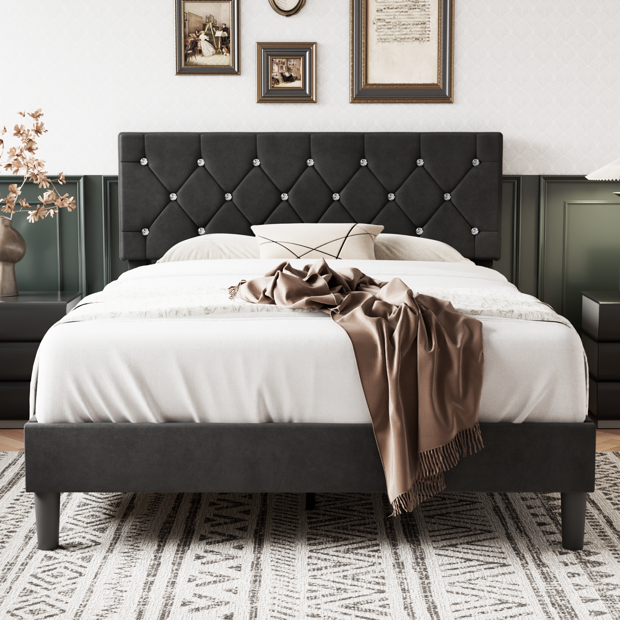 VECELO Bed Frame, Upholstered Platform with Adjustable Diamond Tufted Headboard - VECELO