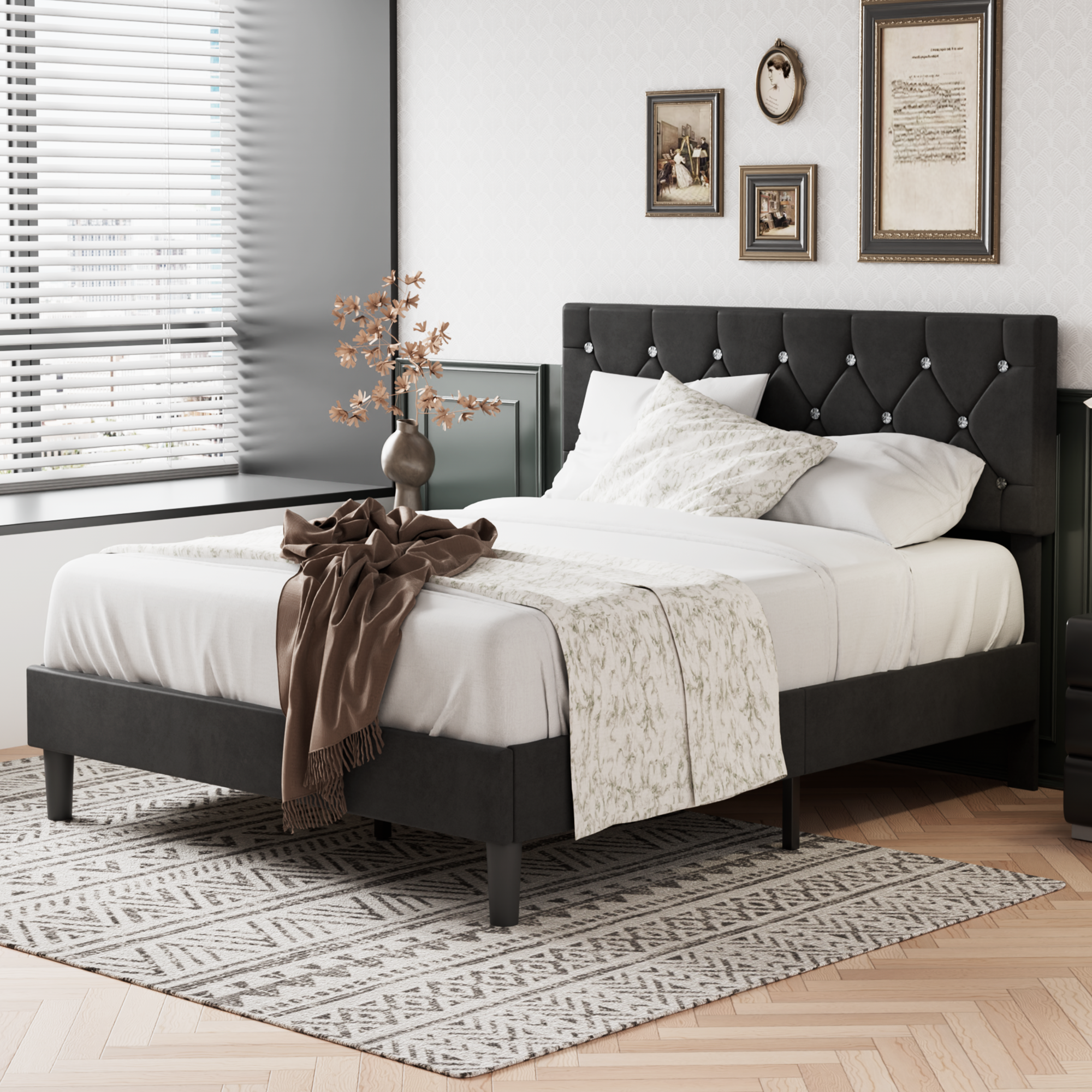 VECELO Bed Frame, Upholstered Platform with Adjustable Diamond Tufted Headboard - VECELO
