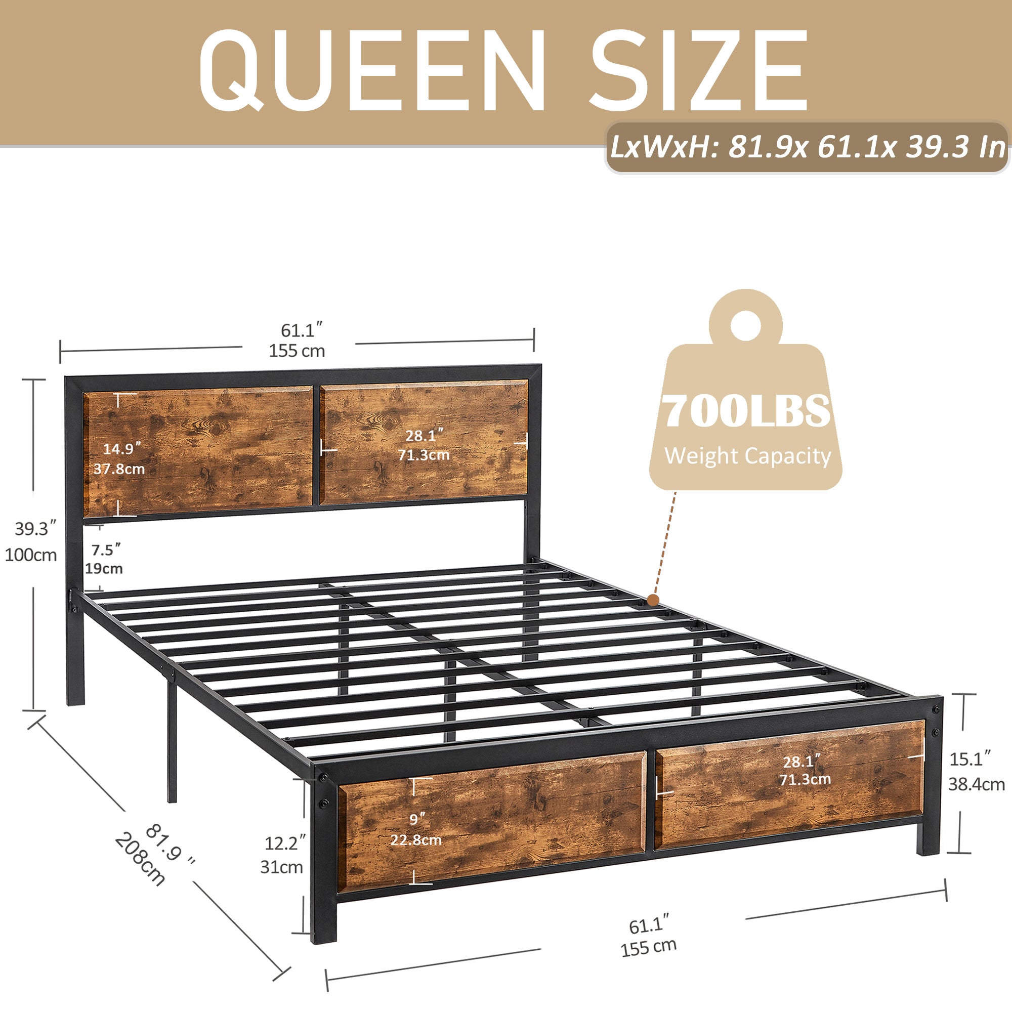 VECELO Platform Bed Frame, Mattress Foundation with Rustic Vintage Wood Headboard - VECELO