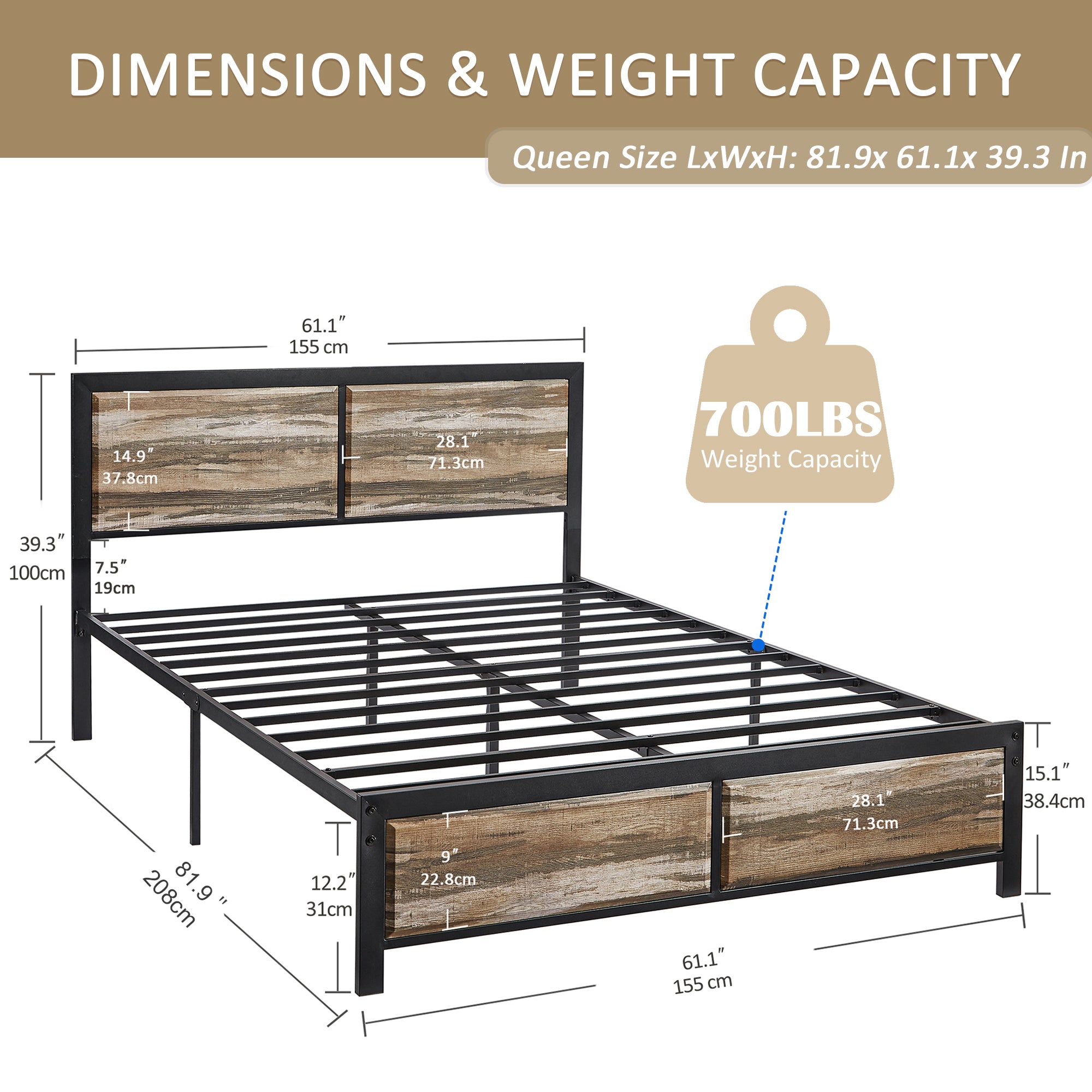 VECELO Platform Bed Frame, Mattress Foundation with Rustic Vintage Wood Headboard - VECELO