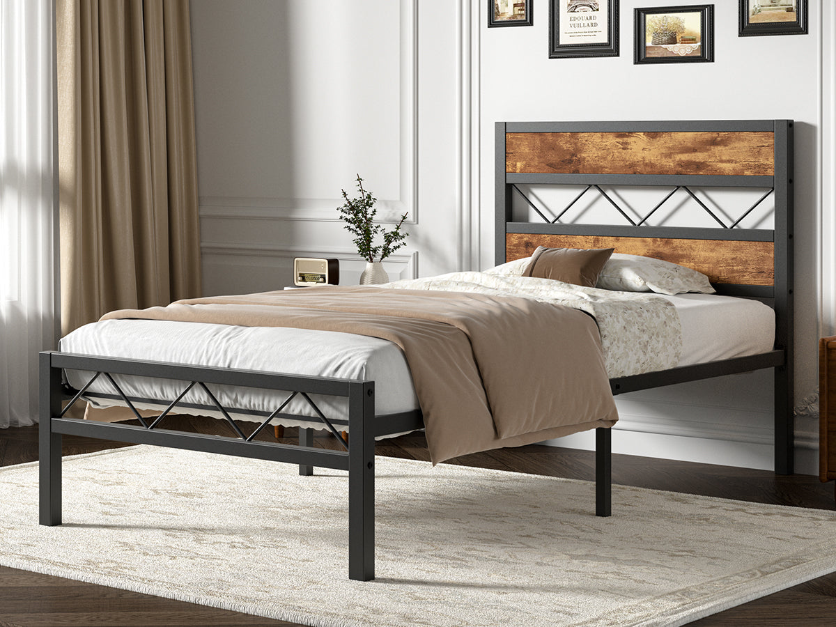 VECELO Metal Platform Bed Frame with Rustic Vintage Wooden Headboard - VECELO