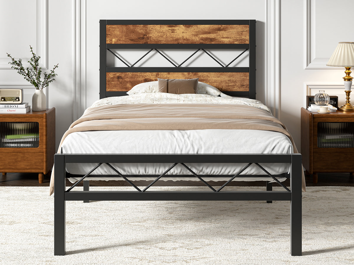 VECELO Metal Platform Bed Frame with Rustic Vintage Wooden Headboard - VECELO
