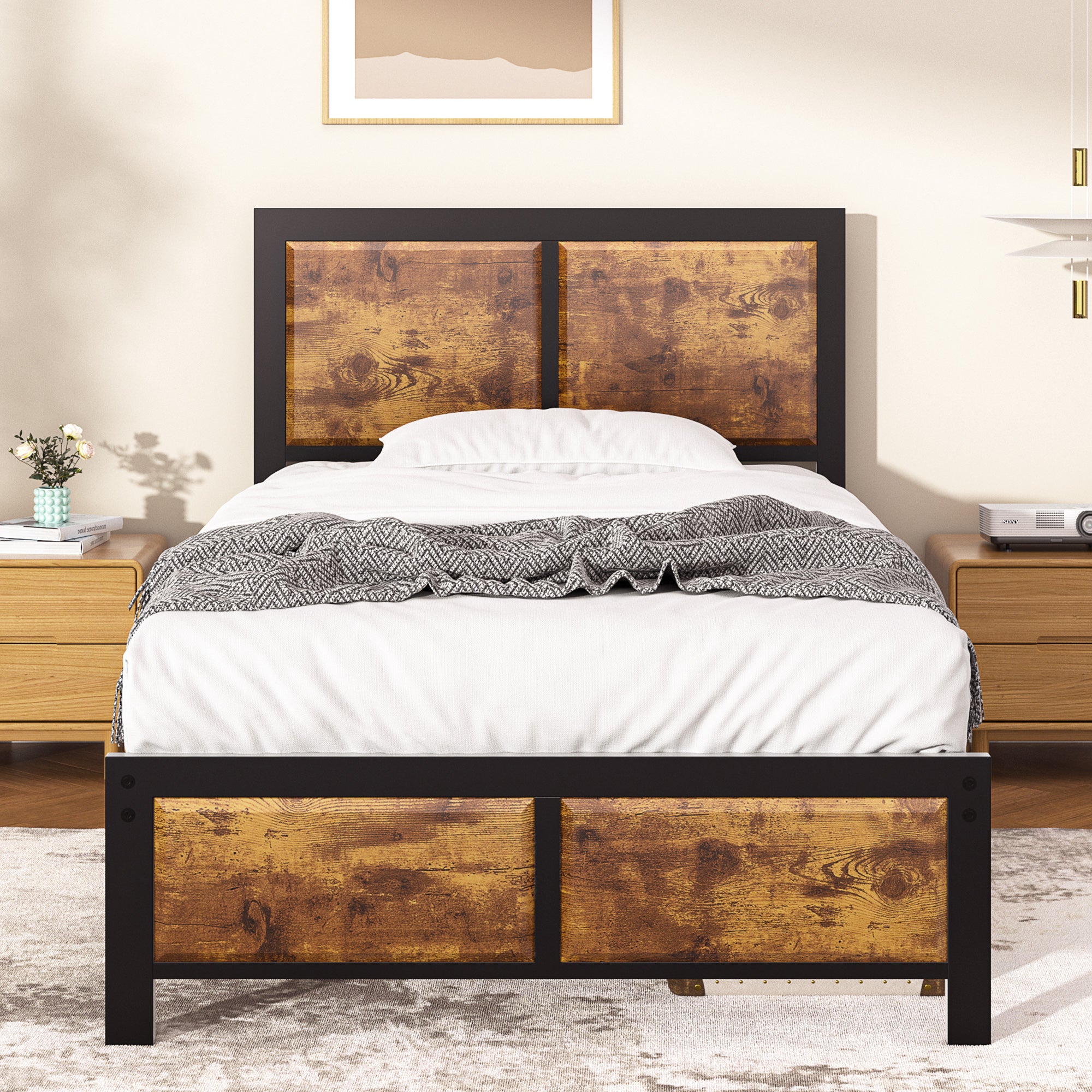 VECELO Platform Bed Frame, Mattress Foundation with Rustic Vintage Wood Headboard - VECELO
