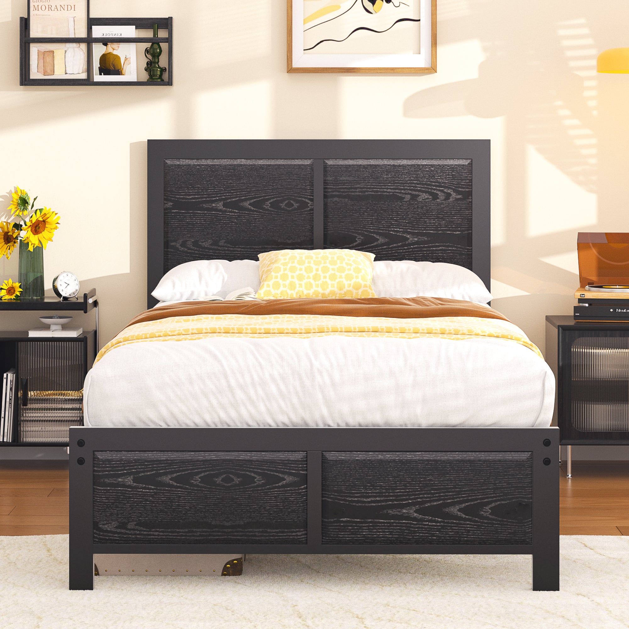 VECELO Platform Bed Frame, Mattress Foundation with Rustic Vintage Wood Headboard - VECELO