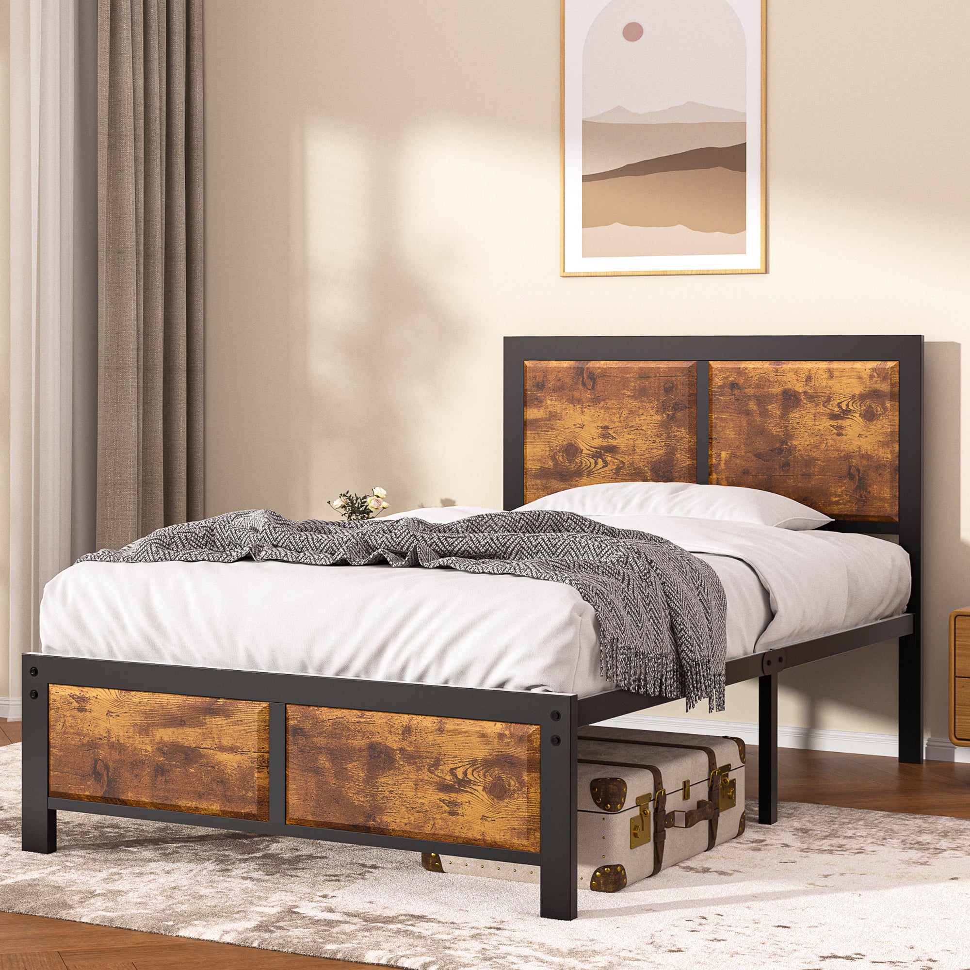 VECELO Platform Bed Frame, Mattress Foundation with Rustic Vintage Wood Headboard - VECELO