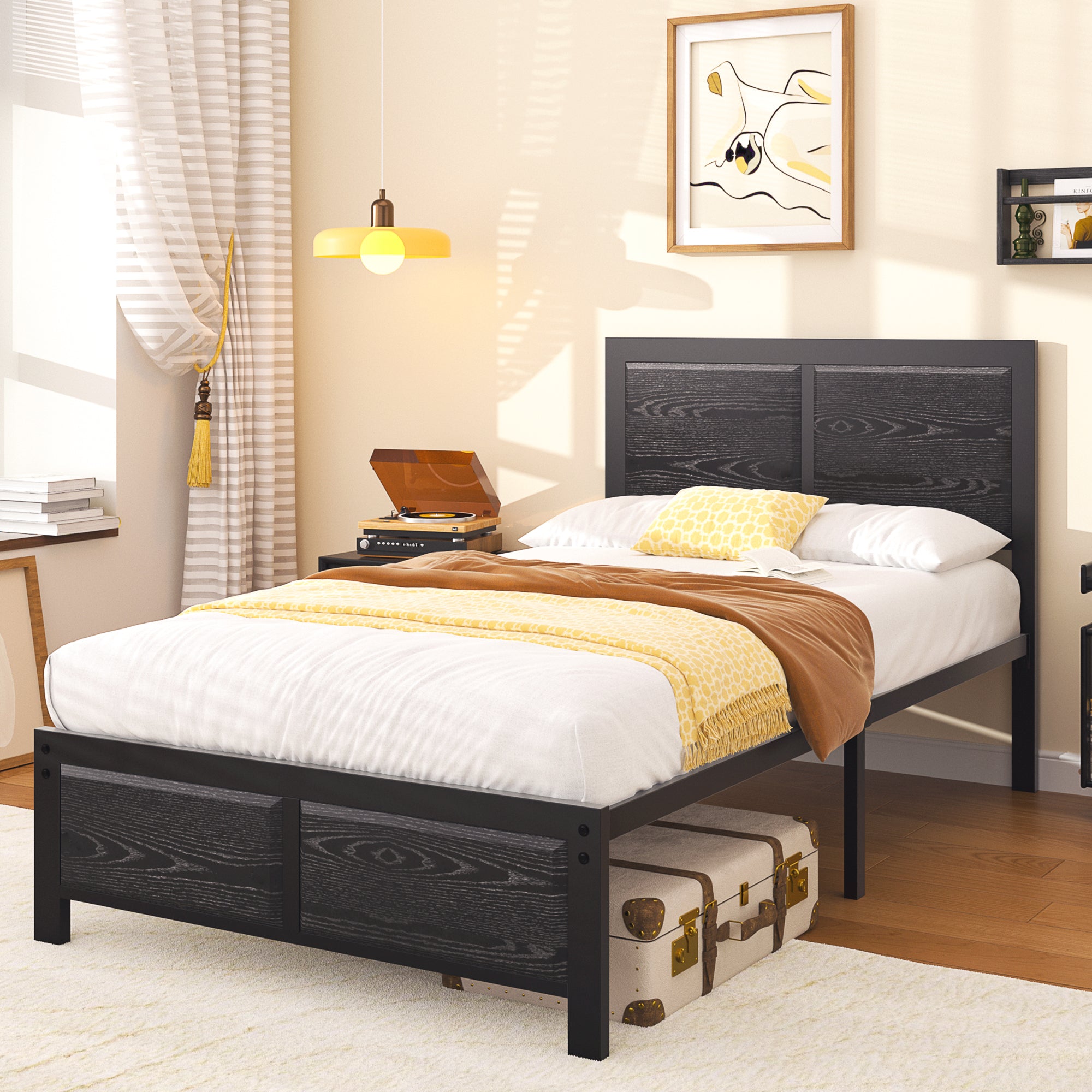VECELO Platform Bed Frame, Mattress Foundation with Rustic Vintage Wood Headboard - VECELO