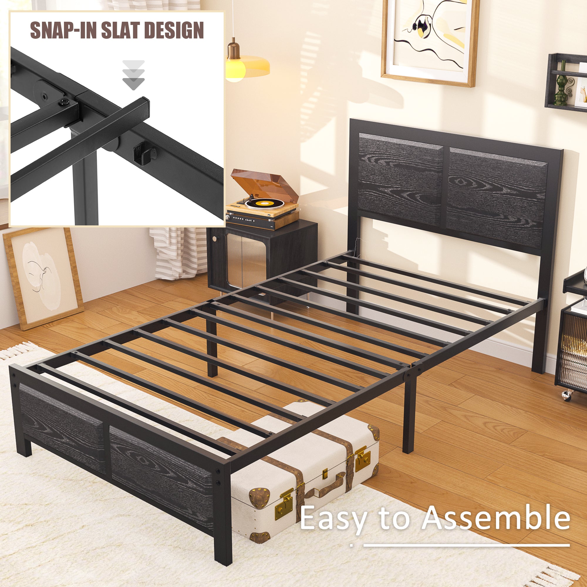 VECELO Platform Bed Frame, Mattress Foundation with Rustic Vintage Wood Headboard - VECELO