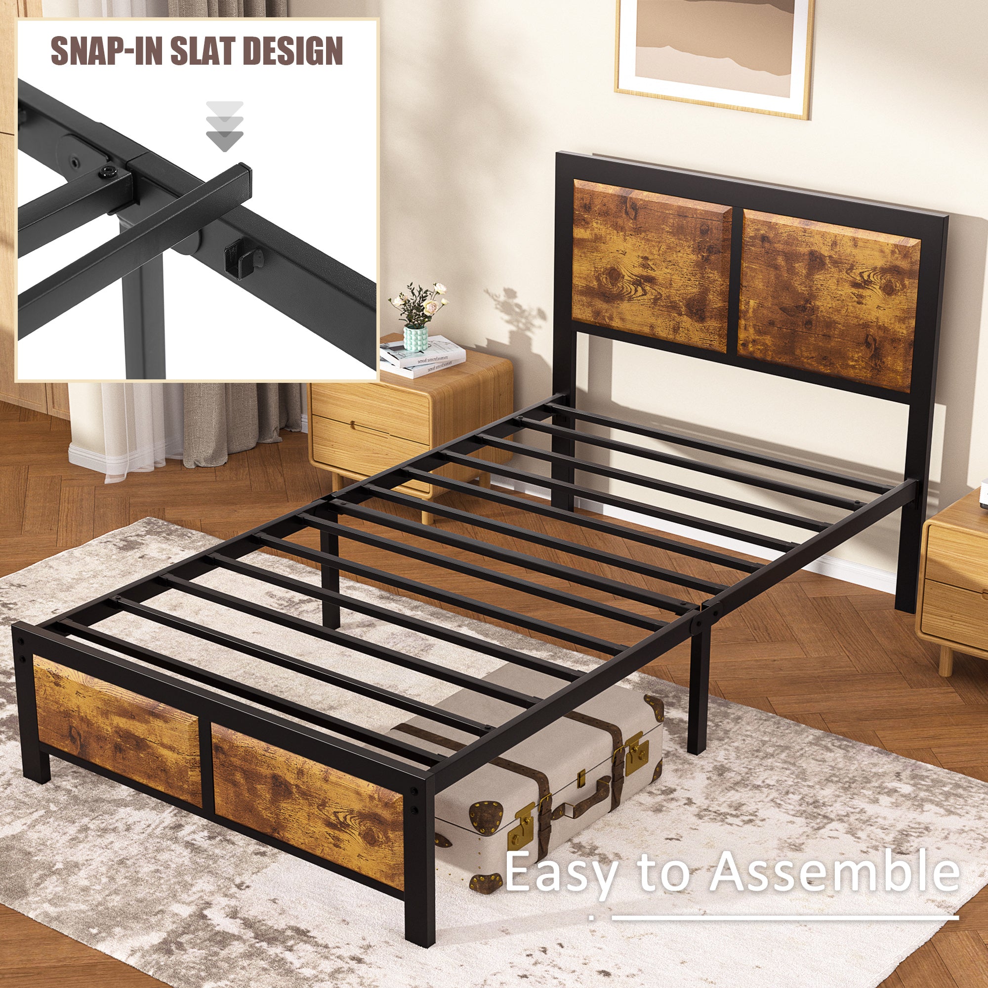 VECELO Platform Bed Frame, Mattress Foundation with Rustic Vintage Wood Headboard - VECELO