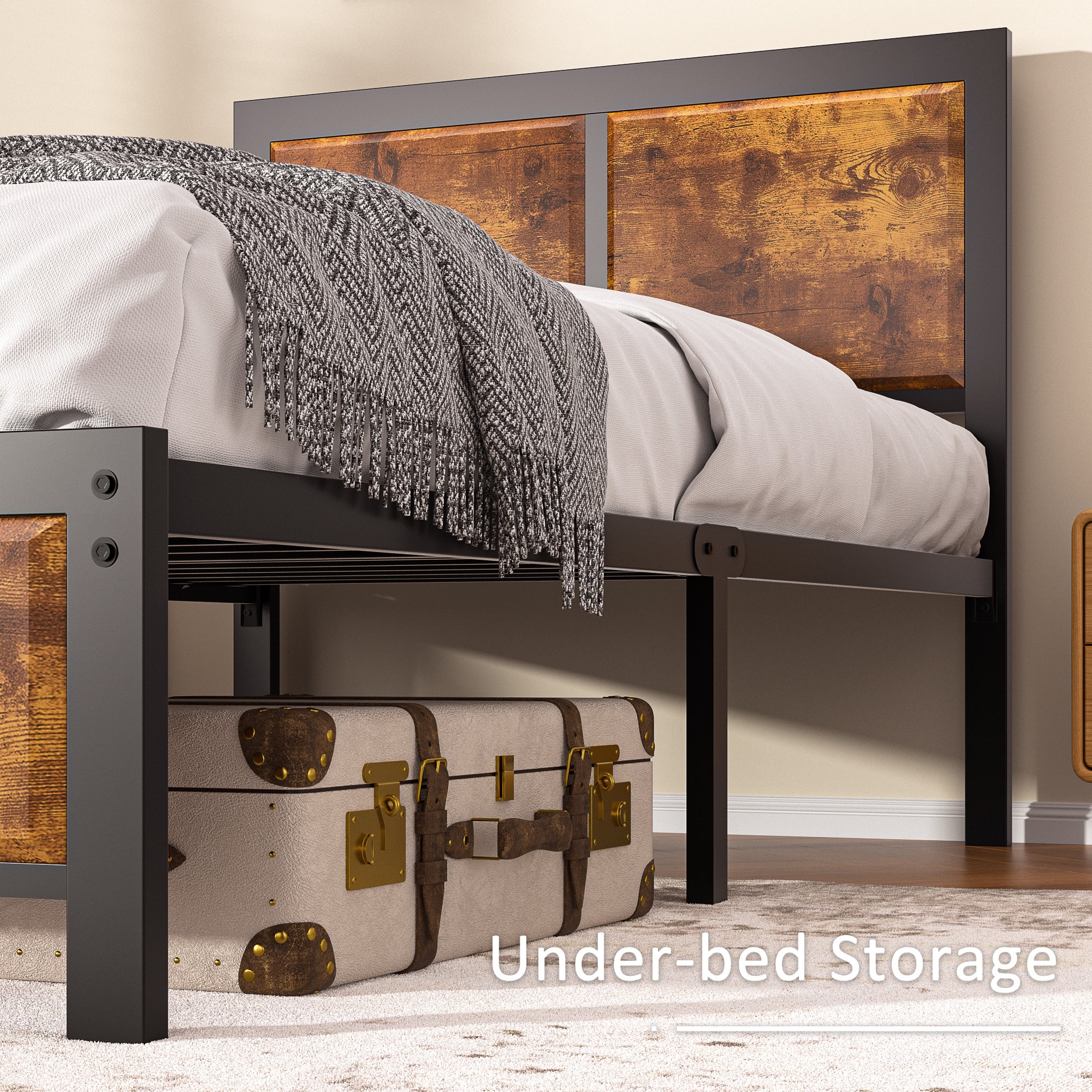 VECELO Platform Bed Frame, Mattress Foundation with Rustic Vintage Wood Headboard - VECELO