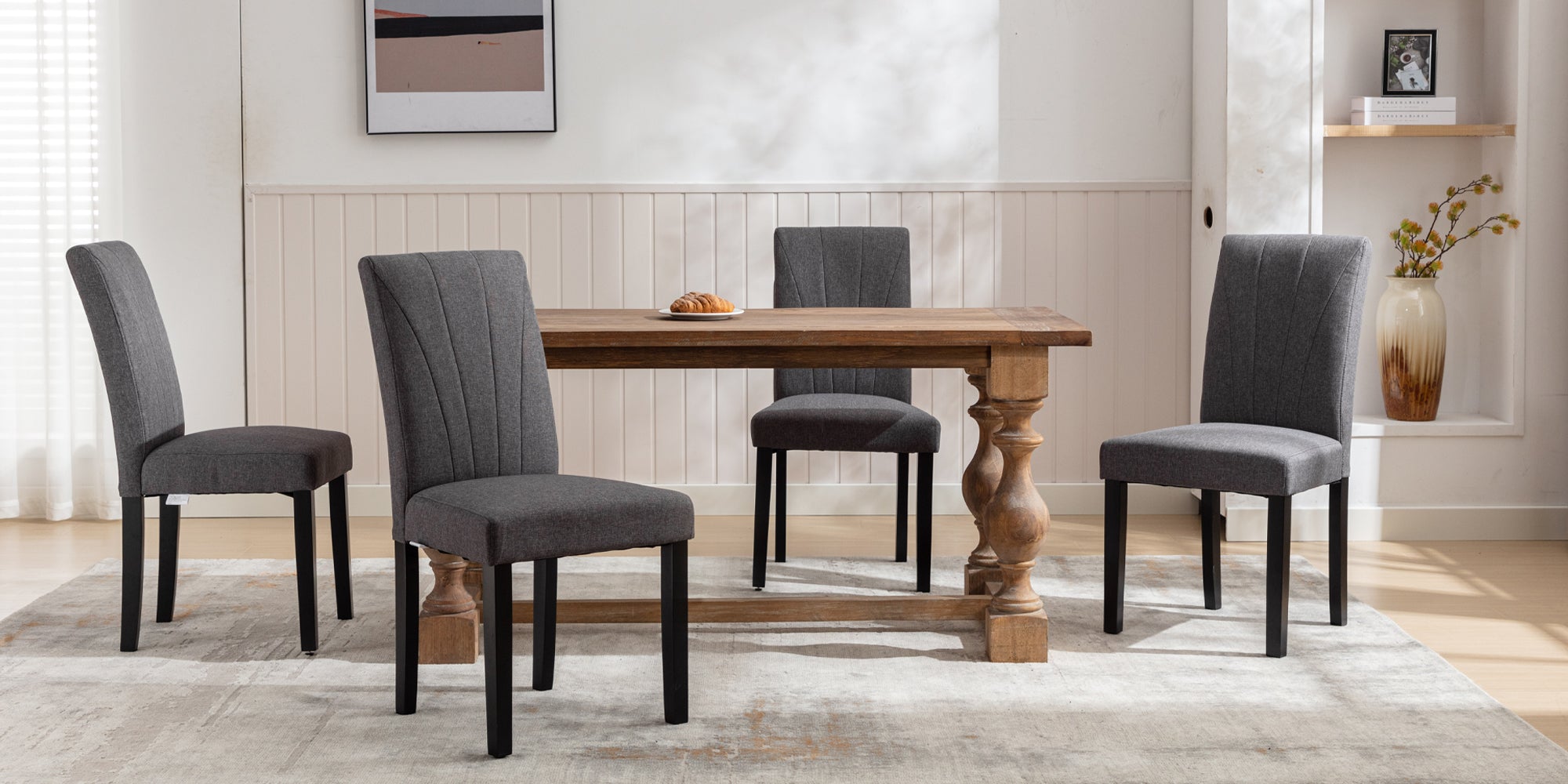 VECELO Set of 2 Upholstered Dining Chairs, Modern Fabric and Solid Wood Legs & High Back - VECELO