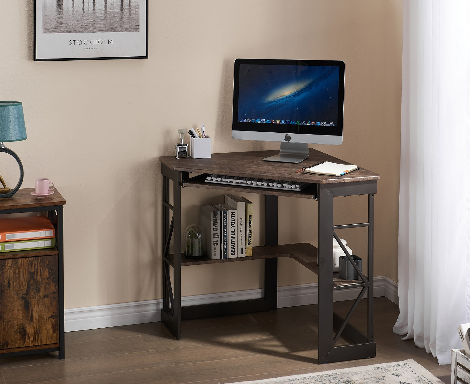 VECELO Corner Computer Desk Writing Smooth Keyboard Tray & Storage Shelves - VECELO