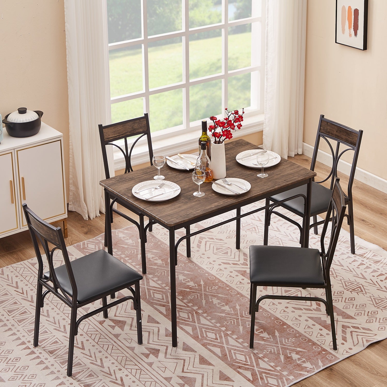 VECELO Industrial 5-Piece Modern Rectangular Dining Table Set with 4 Chairs - VECELO