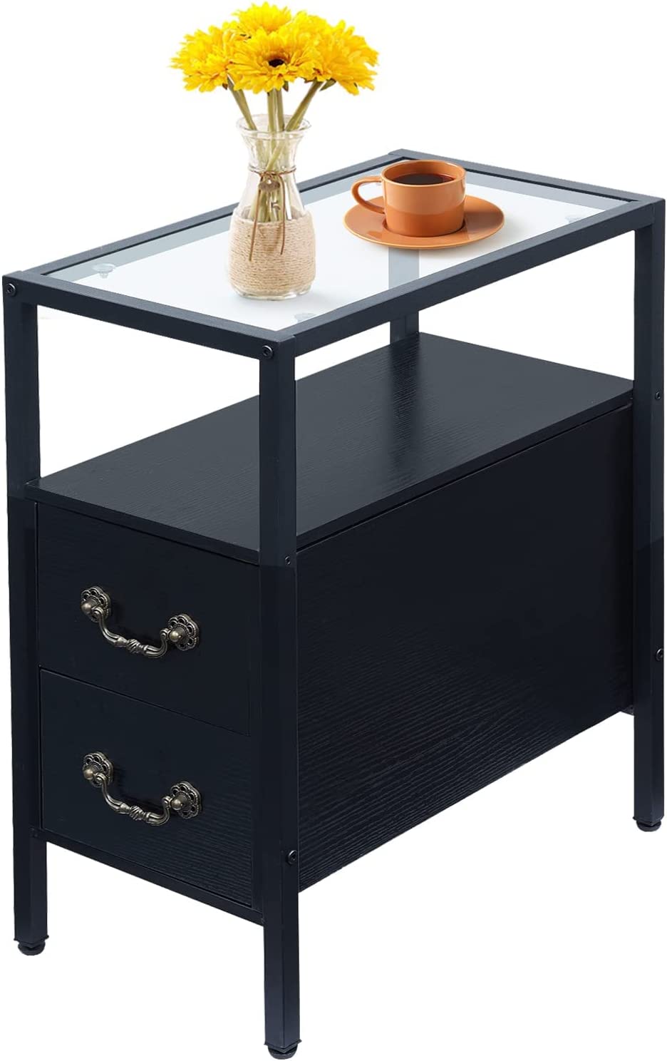 VECELO Narrow End Side Table/Nightstand with 2 Drawers & Open Shelf & Tempered Glass Top - VECELO
