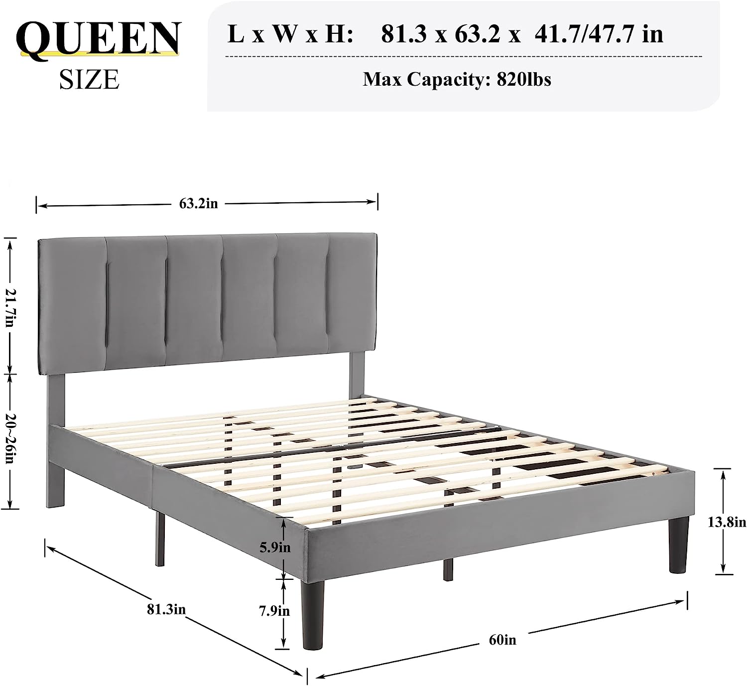 VECELO Modern Upholstered Platform Bedframe, Adjustable Headboard - VECELO