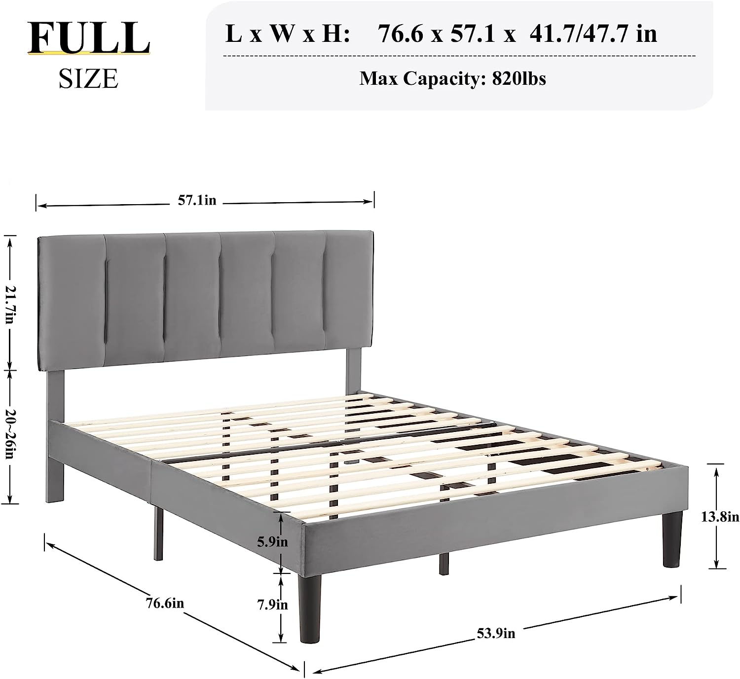 VECELO Modern Upholstered Platform Bedframe, Adjustable Headboard - VECELO