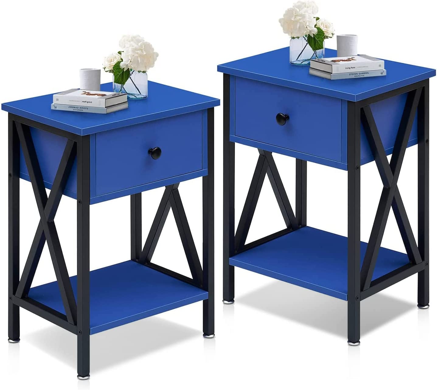 VECELO Night Stands Bedside End Table X-Design with Drawer&Storage Shelf for Living Room Bedroom, Nightstand with Drawer - VECELO