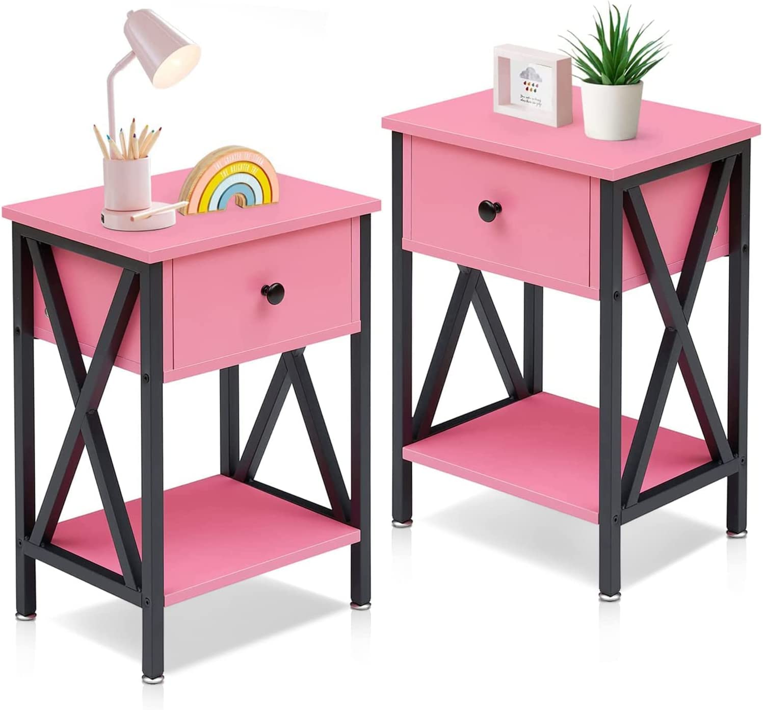 VECELO Night Stands Bedside End Table X-Design with Drawer&Storage Shelf for Living Room Bedroom, Nightstand with Drawer - VECELO