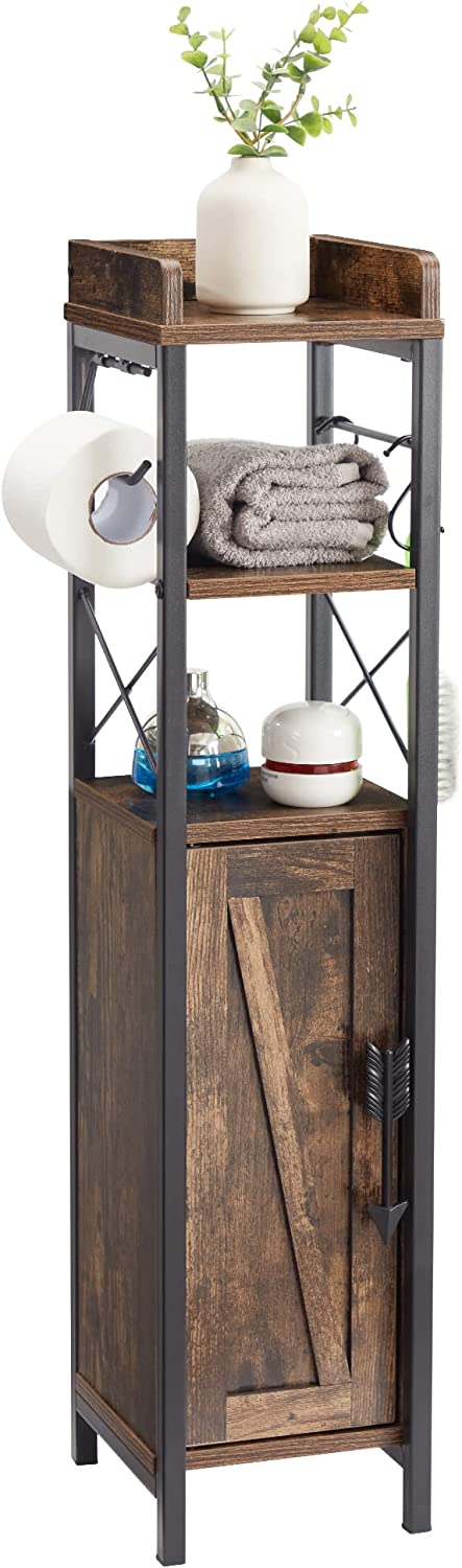 VECELO Small Bathroom Cabinet, Slim Toilet Paper Holder with Door & 2 Shelves - VECELO