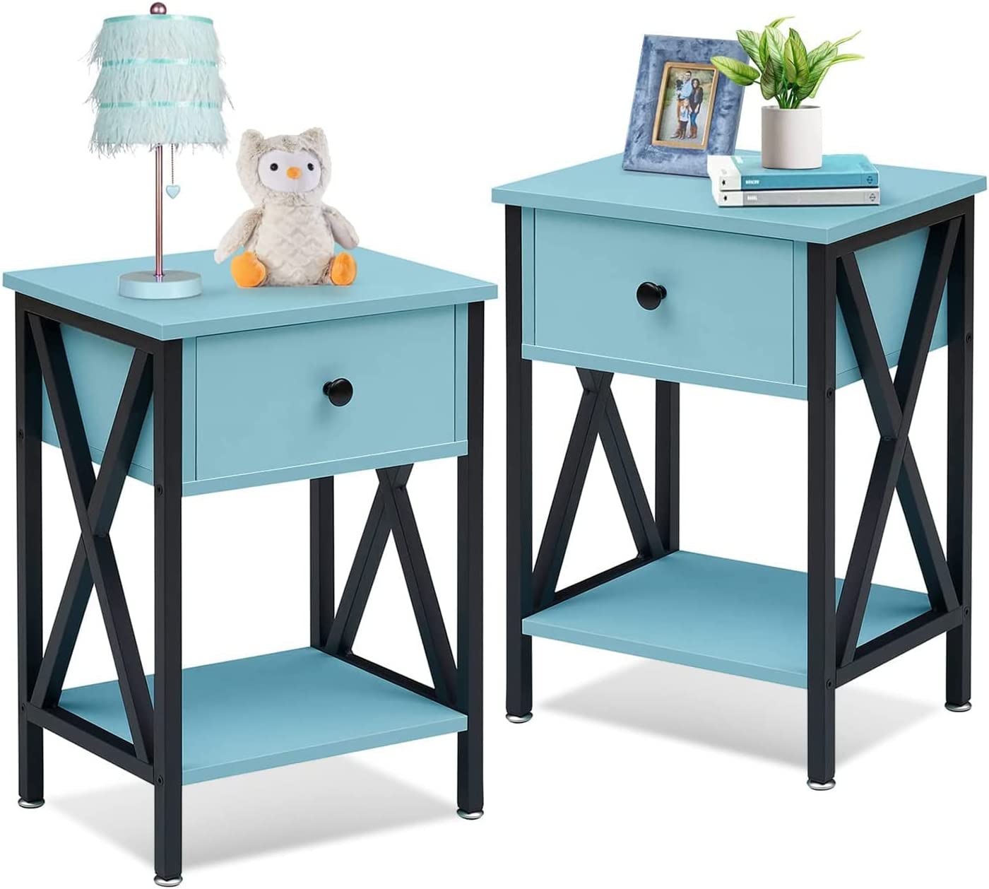 VECELO Night Stands Bedside End Table X-Design with Drawer&Storage Shelf for Living Room Bedroom, Nightstand with Drawer - VECELO