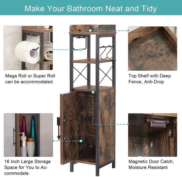 VECELO Small Bathroom Cabinet, Slim Toilet Paper Holder with Door & 2 Shelves - VECELO