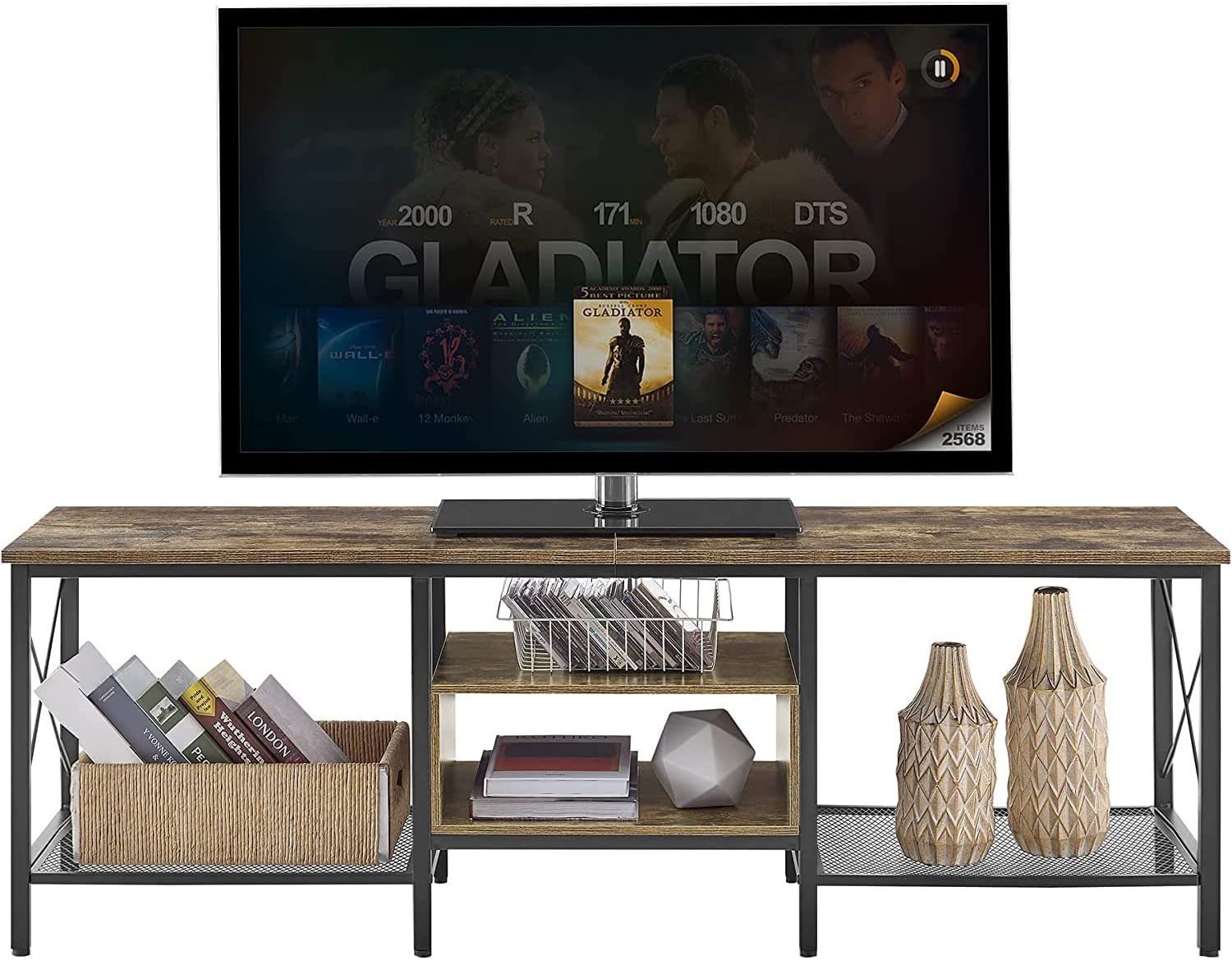 VECELO Industrial TV Stand Television Cabinet 3-Tier Console with Open Storage Shelves, Entertainment Center with Metal Frame for Living Room - VECELO