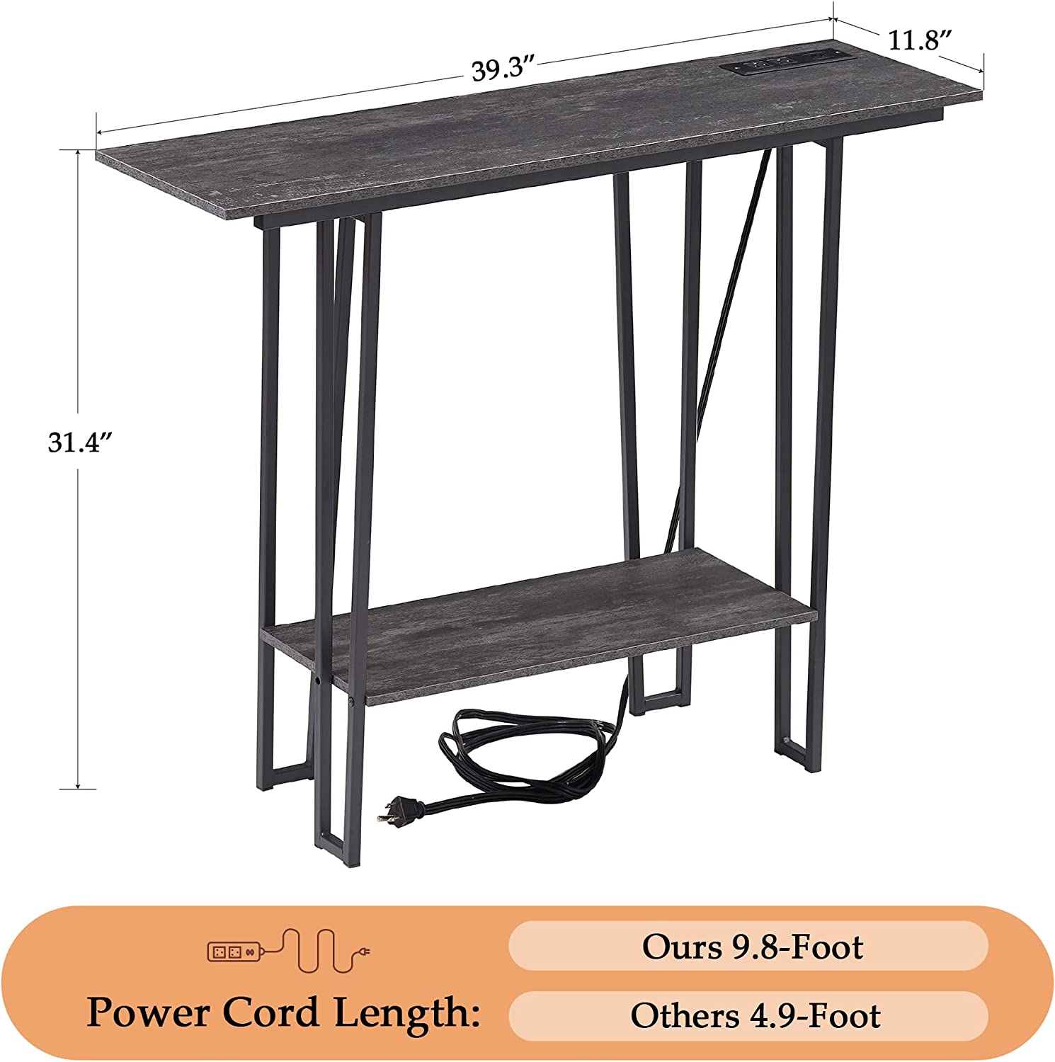 VECELO Couch Side & Console Table with 2 Outlets & 2 USB Ports - VECELO
