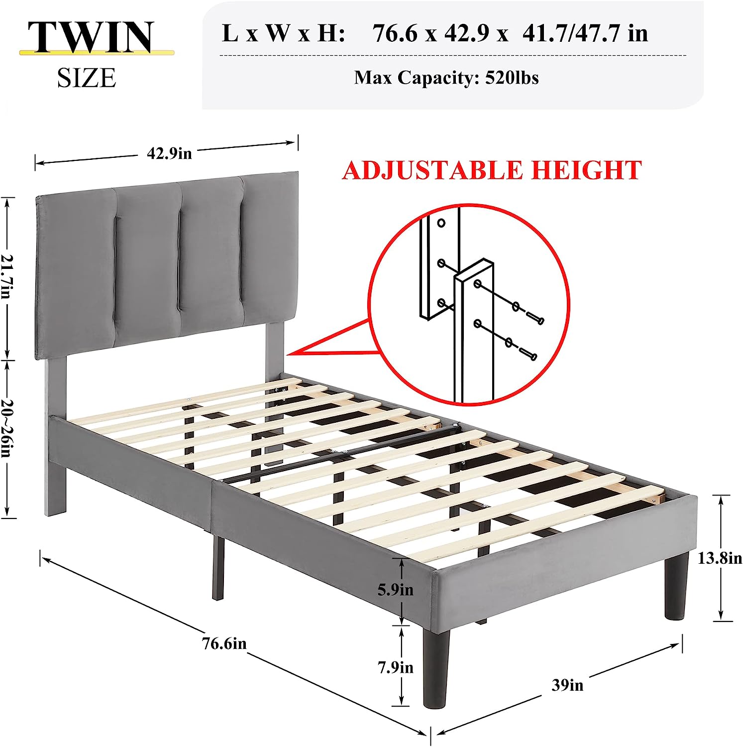 VECELO Modern Upholstered Platform Bedframe, Adjustable Headboard - VECELO