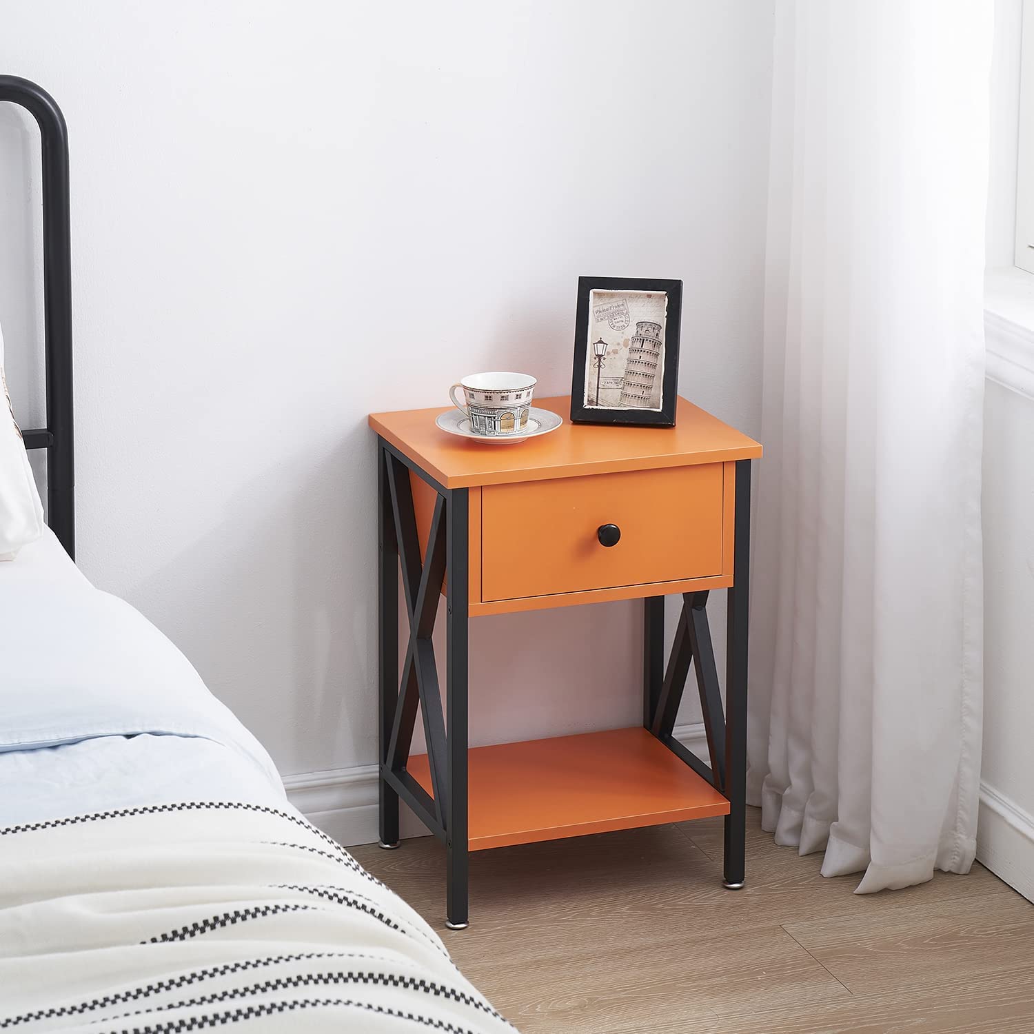 VECELO Night Stands Bedside End Table X-Design with Drawer&Storage Shelf for Living Room Bedroom, Nightstand with Drawer - VECELO