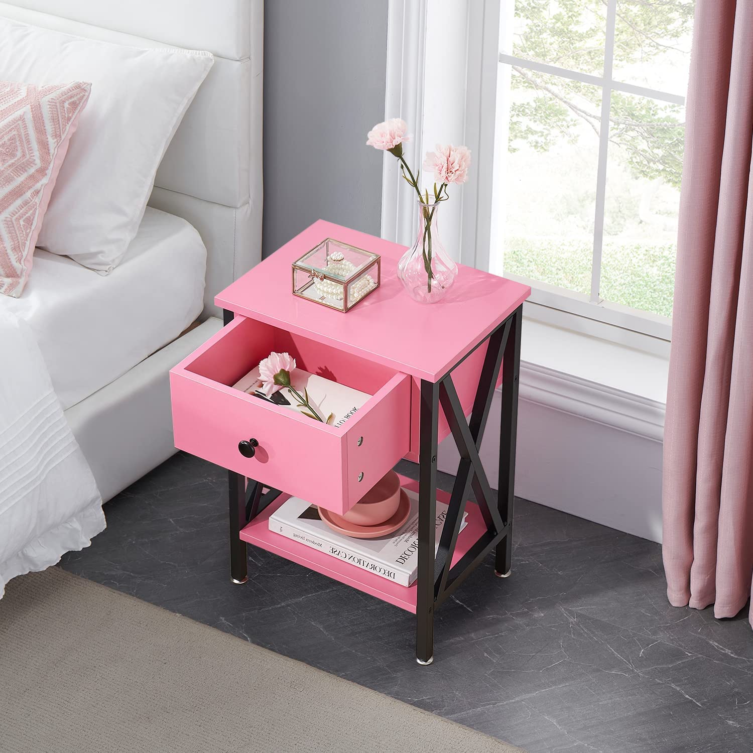 VECELO Night Stands Bedside End Table X-Design with Drawer&Storage Shelf for Living Room Bedroom, Nightstand with Drawer - VECELO