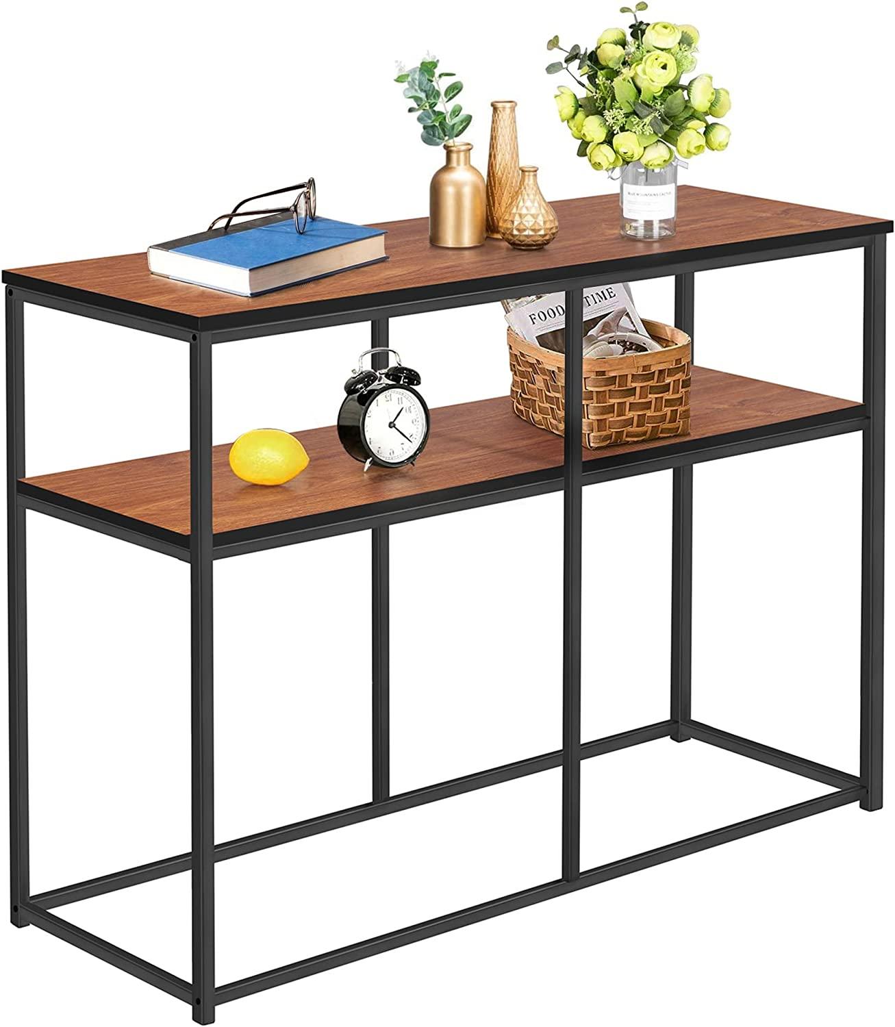 VECELO Multipurpose Console, Narrow Sofa 2-Tier Rustic Hallway Table with Storage Shelves - VECELO