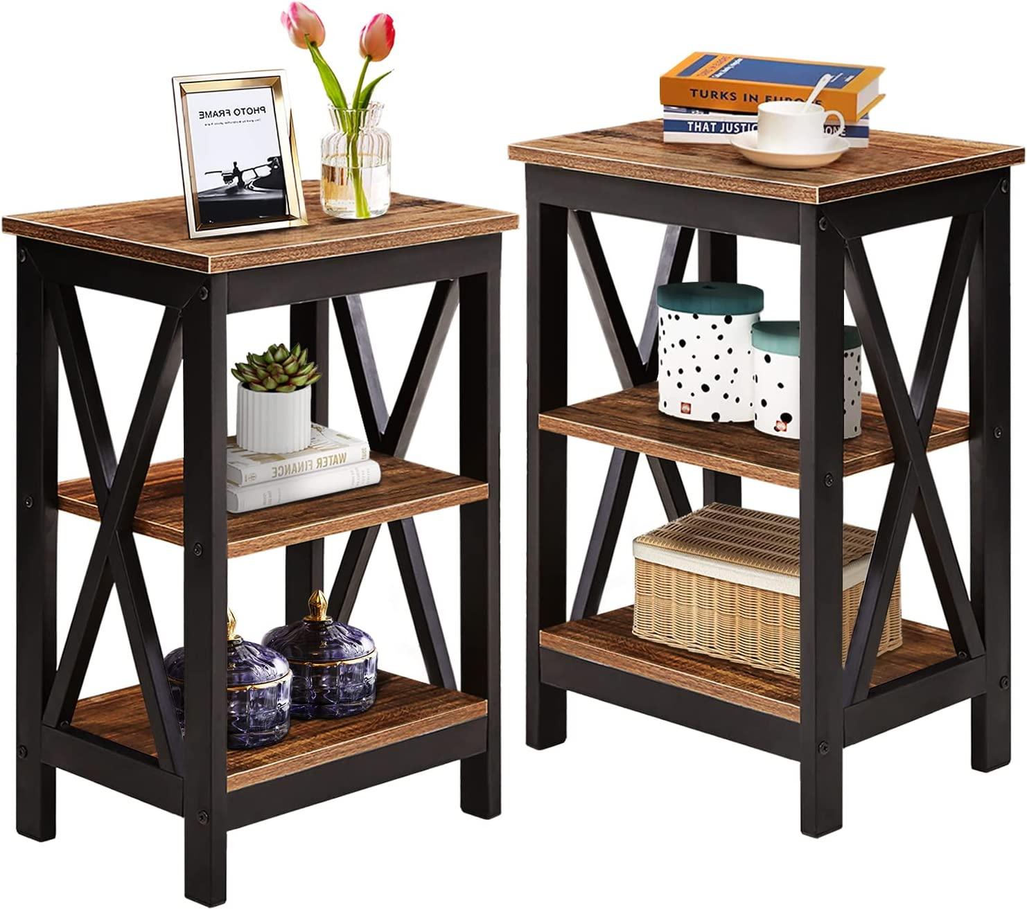 Modern Nightstand/Side End Table with X-Design Frame & 3-Tiers Open Storage Shelf