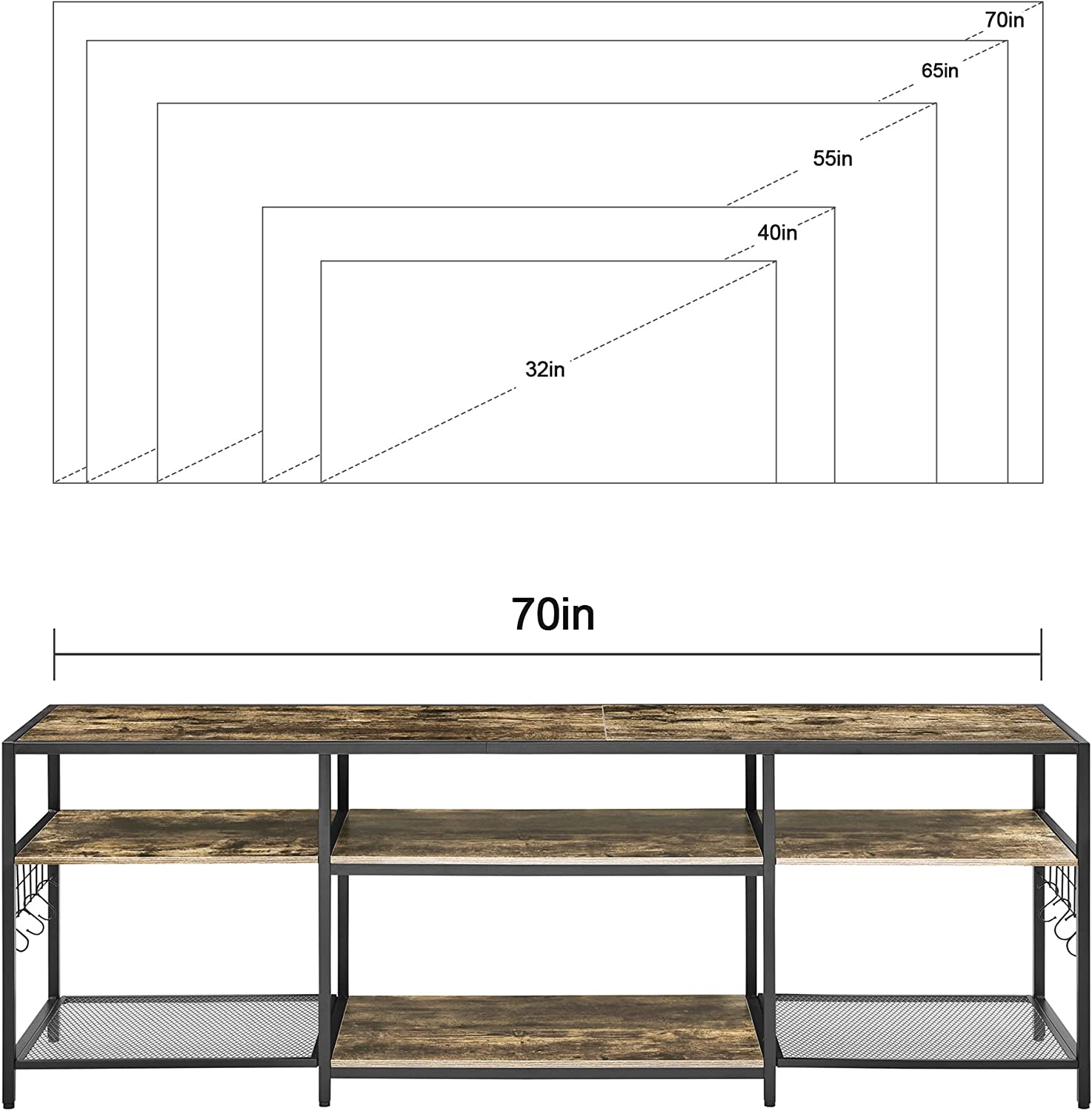 VECELO TV Stand Entertainment Center Media Console with 3-Tier Open Storage Shelves, Cabinet Table for Living Room Brown - VECELO