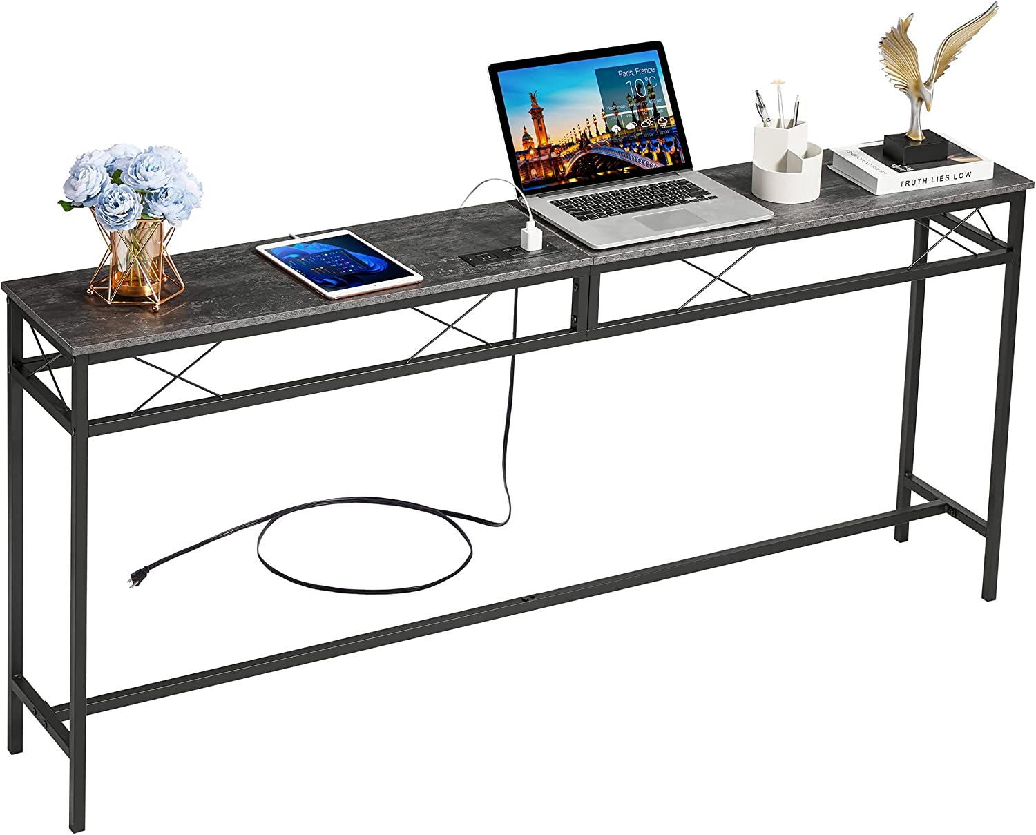 VECELO Extra Long Narrow Sofa/Console Table with Charging Station & Power Outlet and USB Ports - VECELO