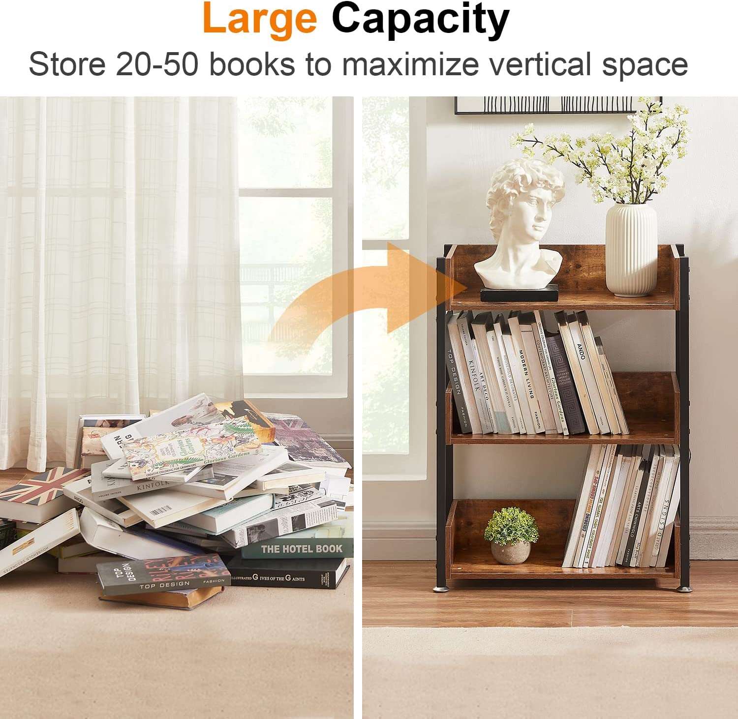 VECELO 3-Tier Bookcase,Small Storage Shelves,Industrial Shelving Unit - VECELO