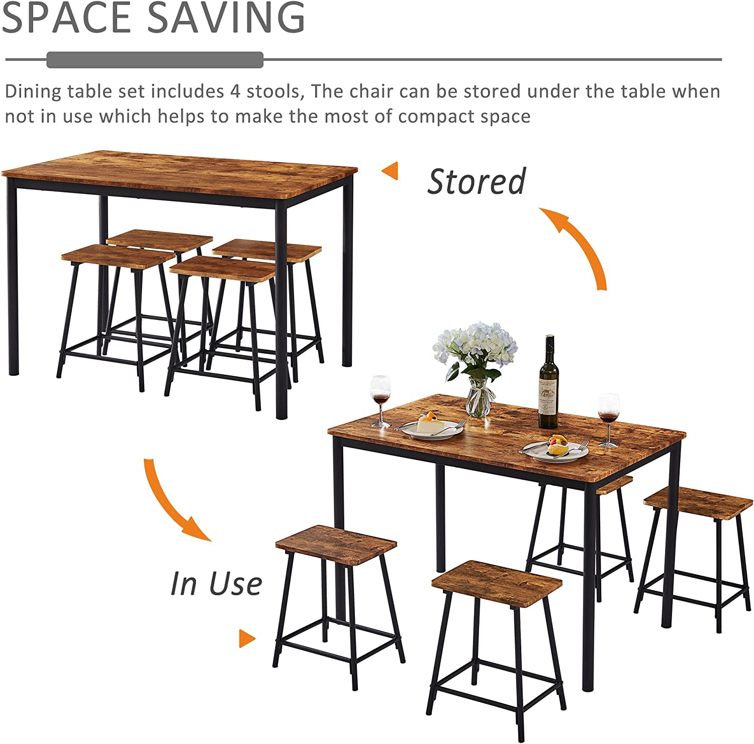 VECELO 5-Piece Dining Table Set Metal and Wood Kitchen Furniture with 4 Stools - VECELO
