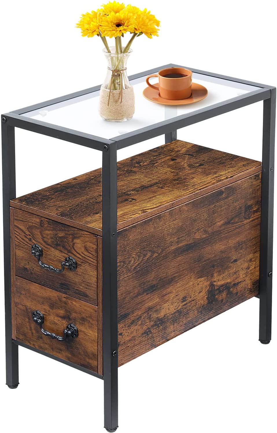 VECELO Narrow End Side Table/Nightstand with 2 Drawers & Open Shelf & Tempered Glass Top - VECELO