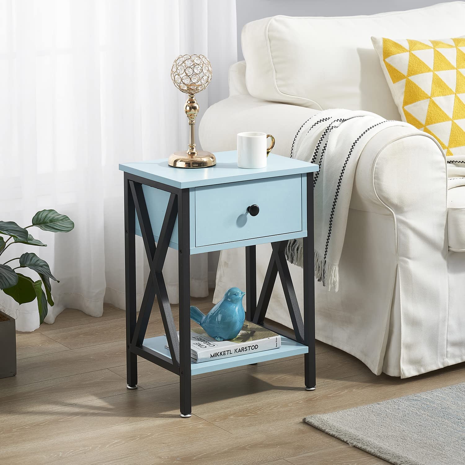 VECELO Night Stands Bedside End Table X-Design with Drawer&Storage Shelf for Living Room Bedroom, Nightstand with Drawer - VECELO