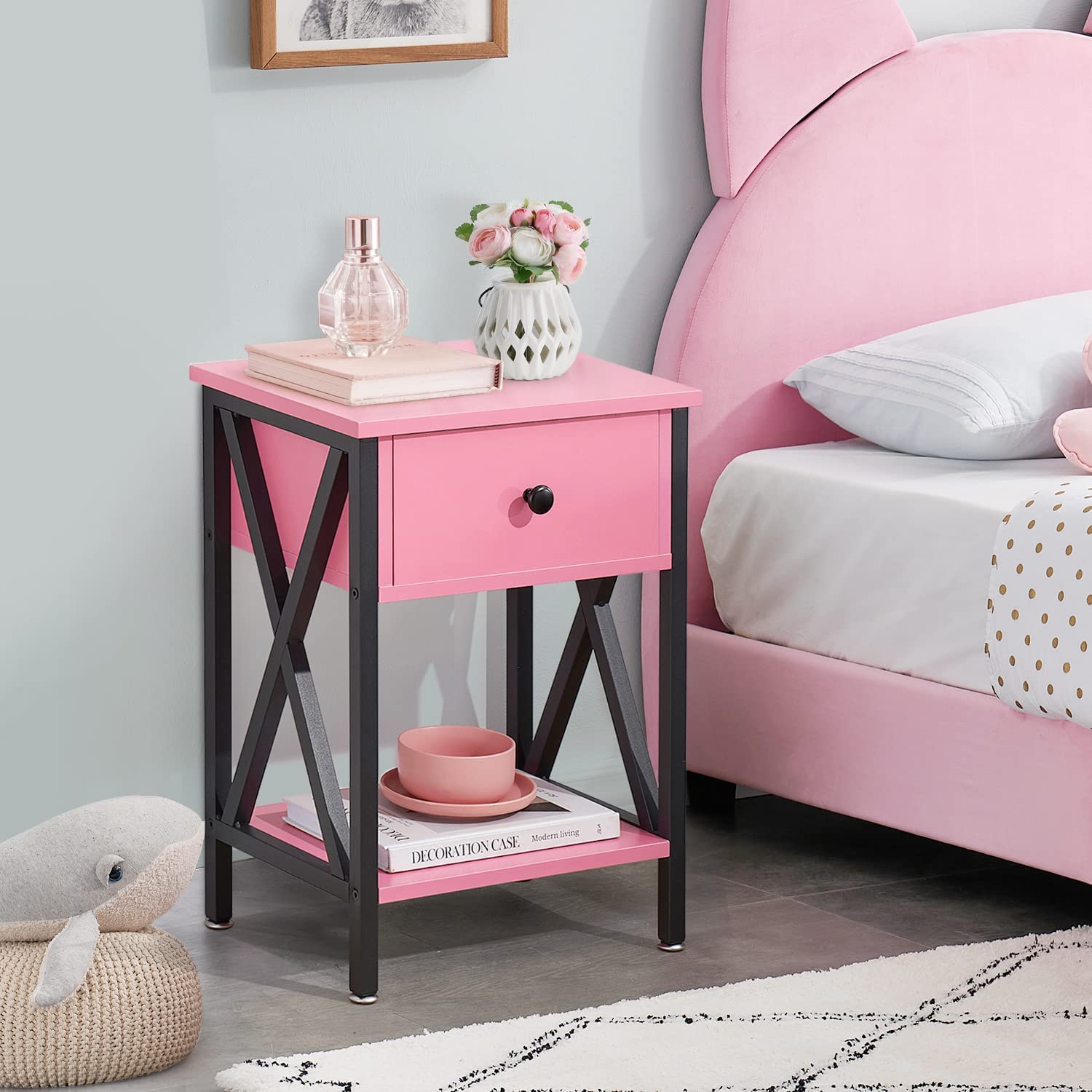 VECELO Night Stands Bedside End Table X-Design with Drawer&Storage Shelf for Living Room Bedroom, Nightstand with Drawer - VECELO