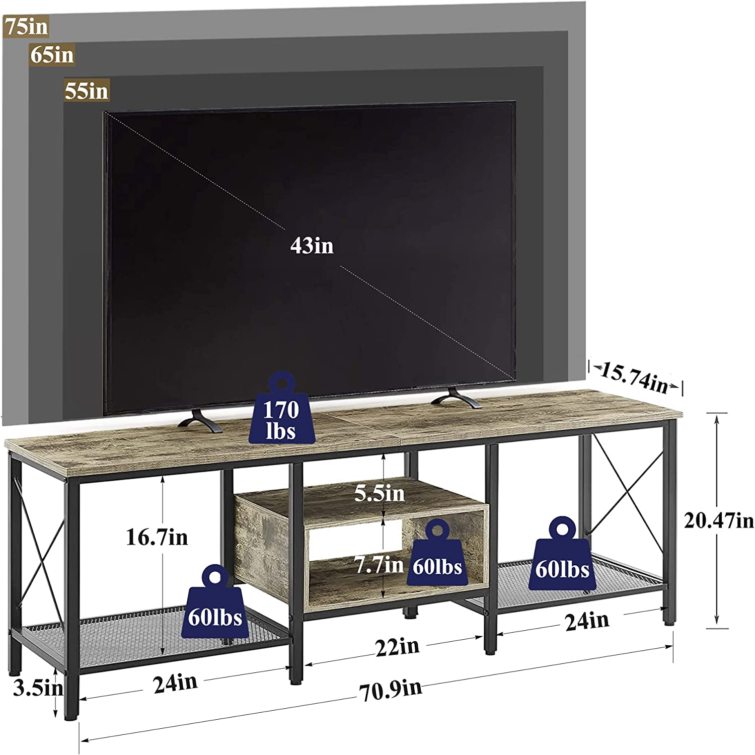 VECELO Industrial TV Stand Television Cabinet 3-Tier Console with Open Storage Shelves, Entertainment Center with Metal Frame for Living Room - VECELO