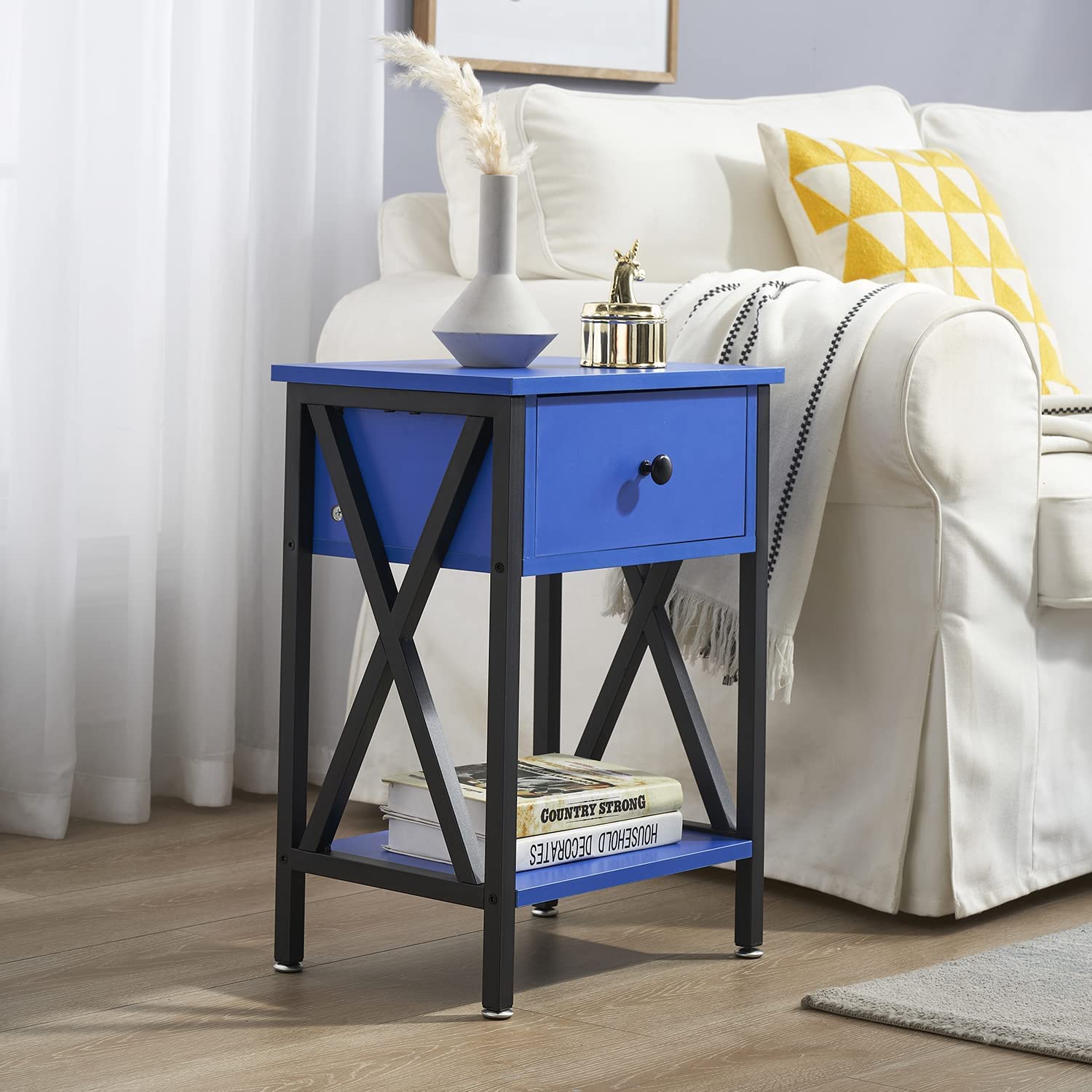 VECELO Night Stands Bedside End Table X-Design with Drawer&Storage Shelf for Living Room Bedroom, Nightstand with Drawer - VECELO