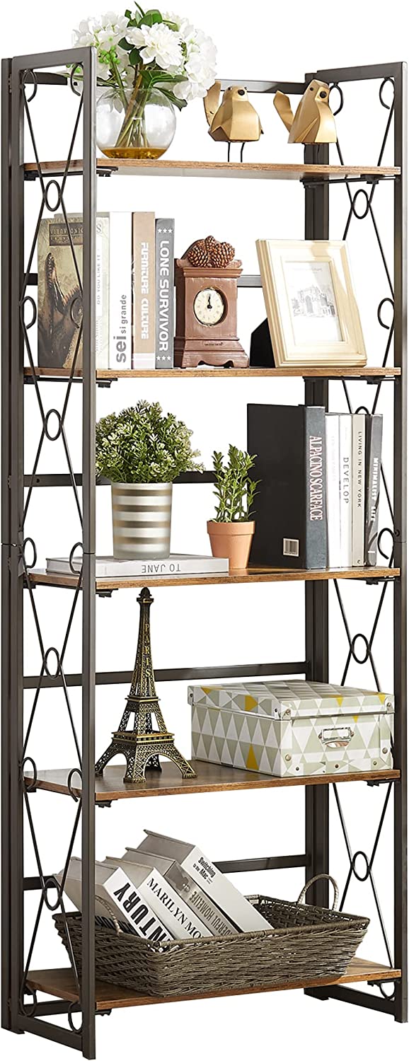VECELO Bookshelf No Assembly, 5 Shelf Folding Bookcase, Book Shelves Organizer - VECELO
