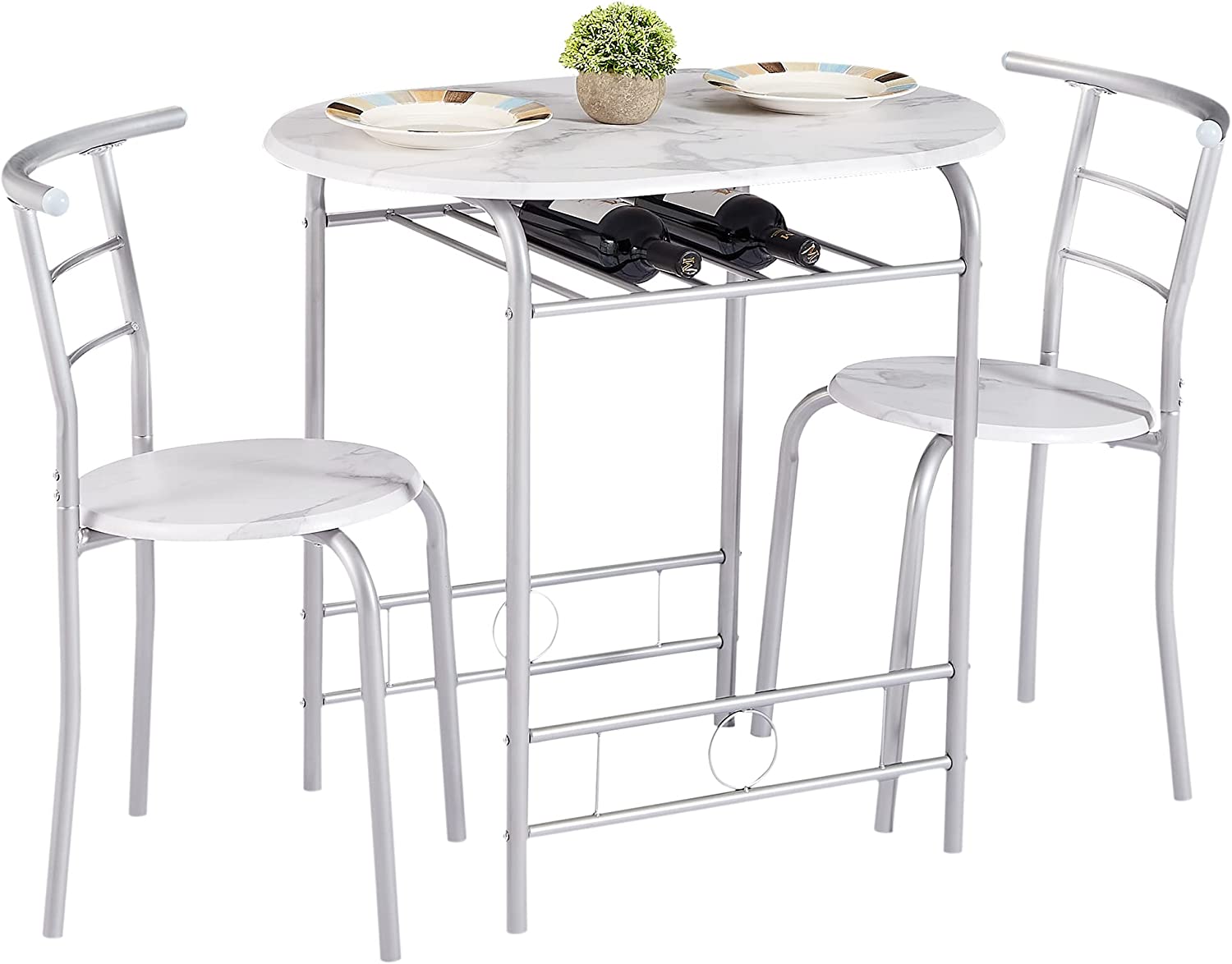 VECELO 3-Piece Dining Table Set/Round Tabletop & Chair for Kitchen - VECELO