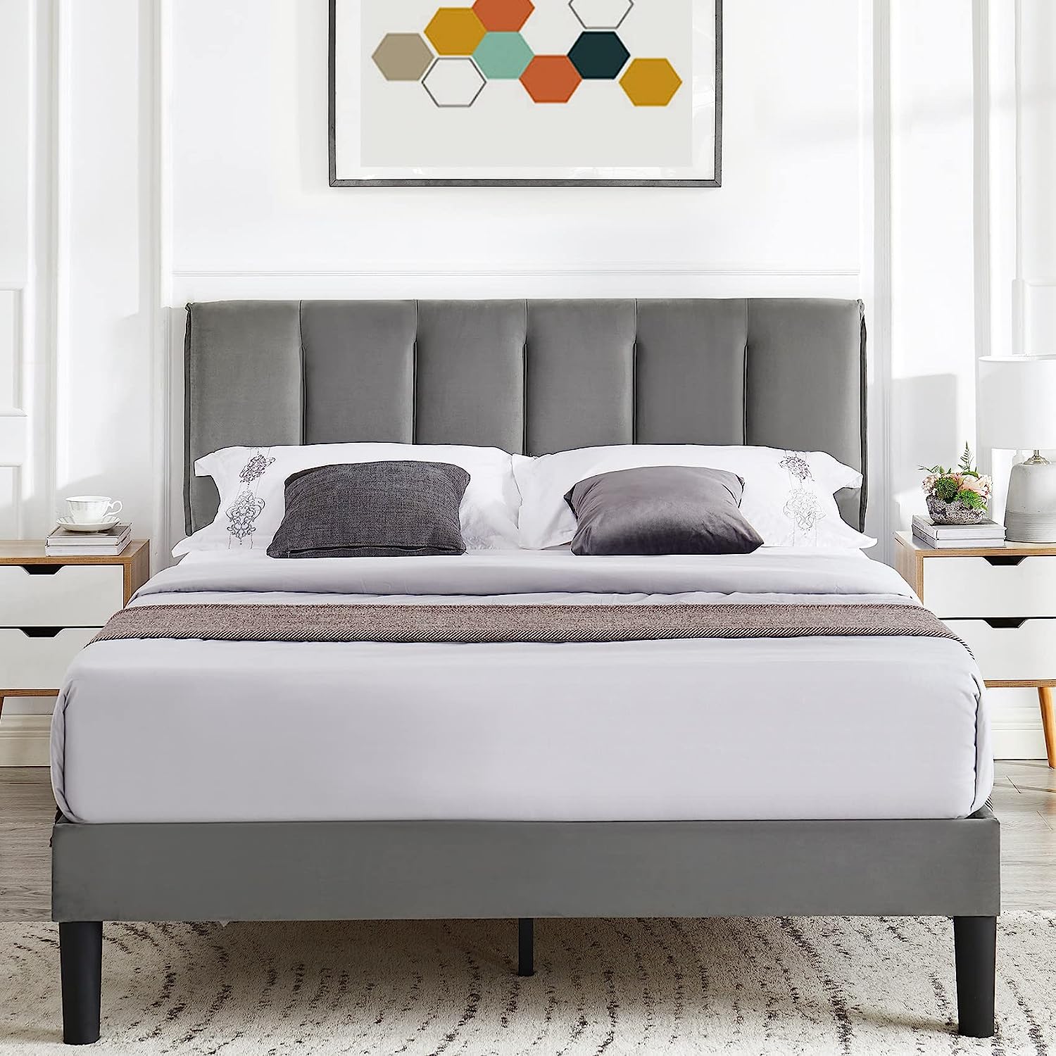 VECELO Modern Upholstered Platform Bedframe, Adjustable Headboard - VECELO