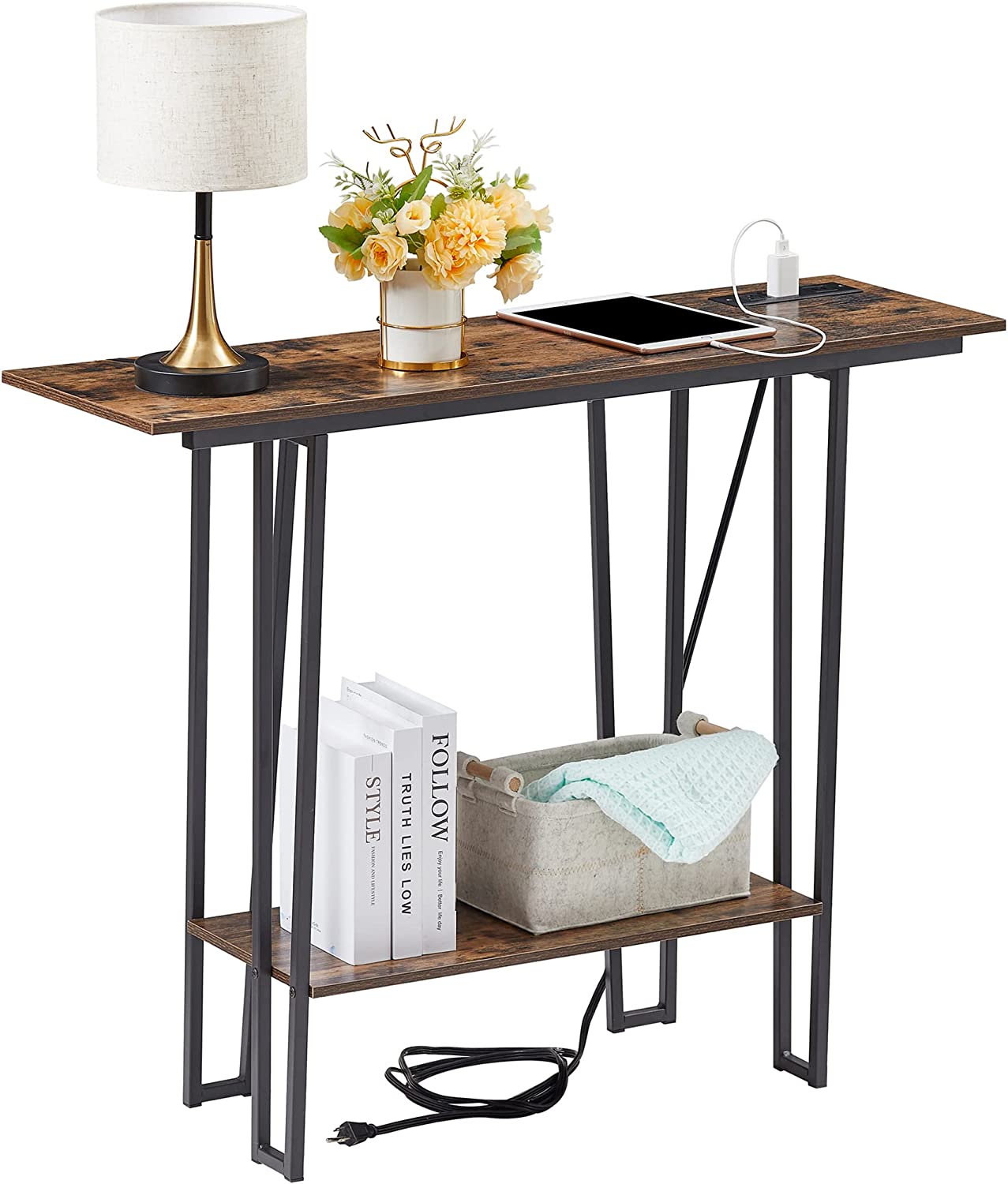 VECELO Couch Side & Console Table with 2 Outlets & 2 USB Ports - VECELO