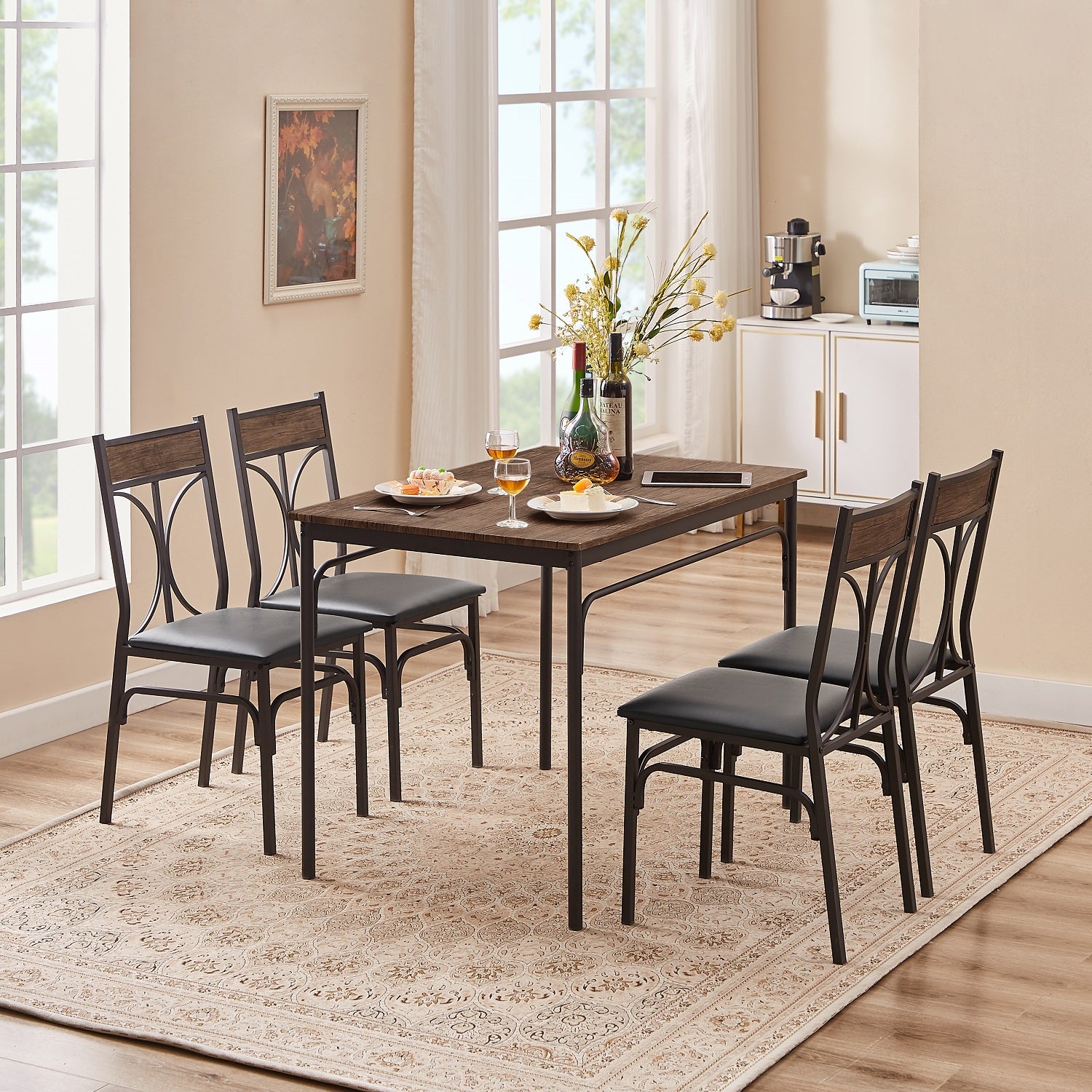VECELO Industrial 5-Piece Modern Rectangular Dining Table Set with 4 Chairs - VECELO