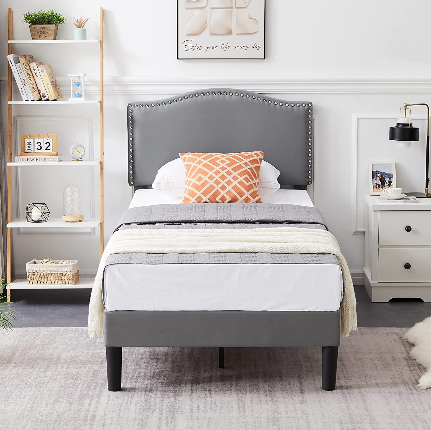 VECELO Bed Frame Platform with Upholstered Headboard & Wooden Slats Support - VECELO
